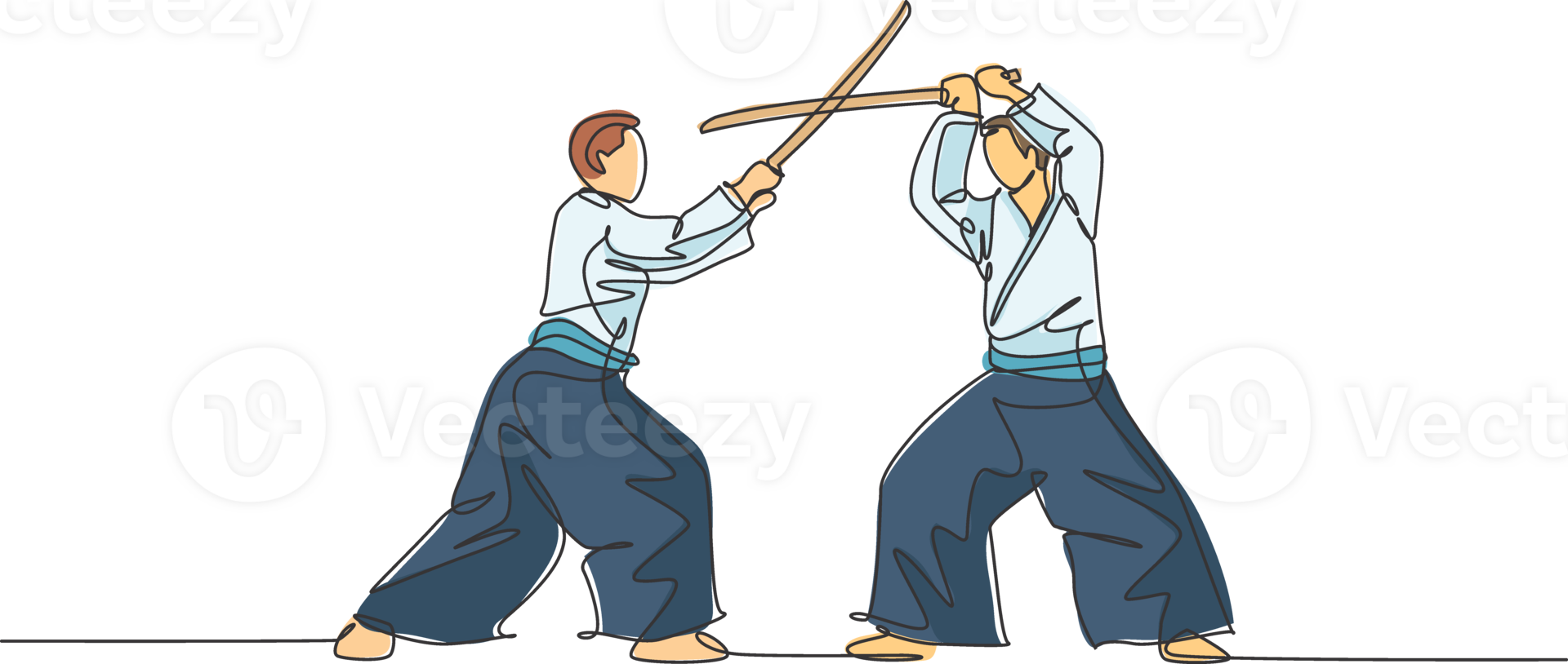 One continuous line drawing of young man aikido fighter practice using wooden sword at dojo training center. Martial art combative sport concept. Dynamic single line draw design illustration png
