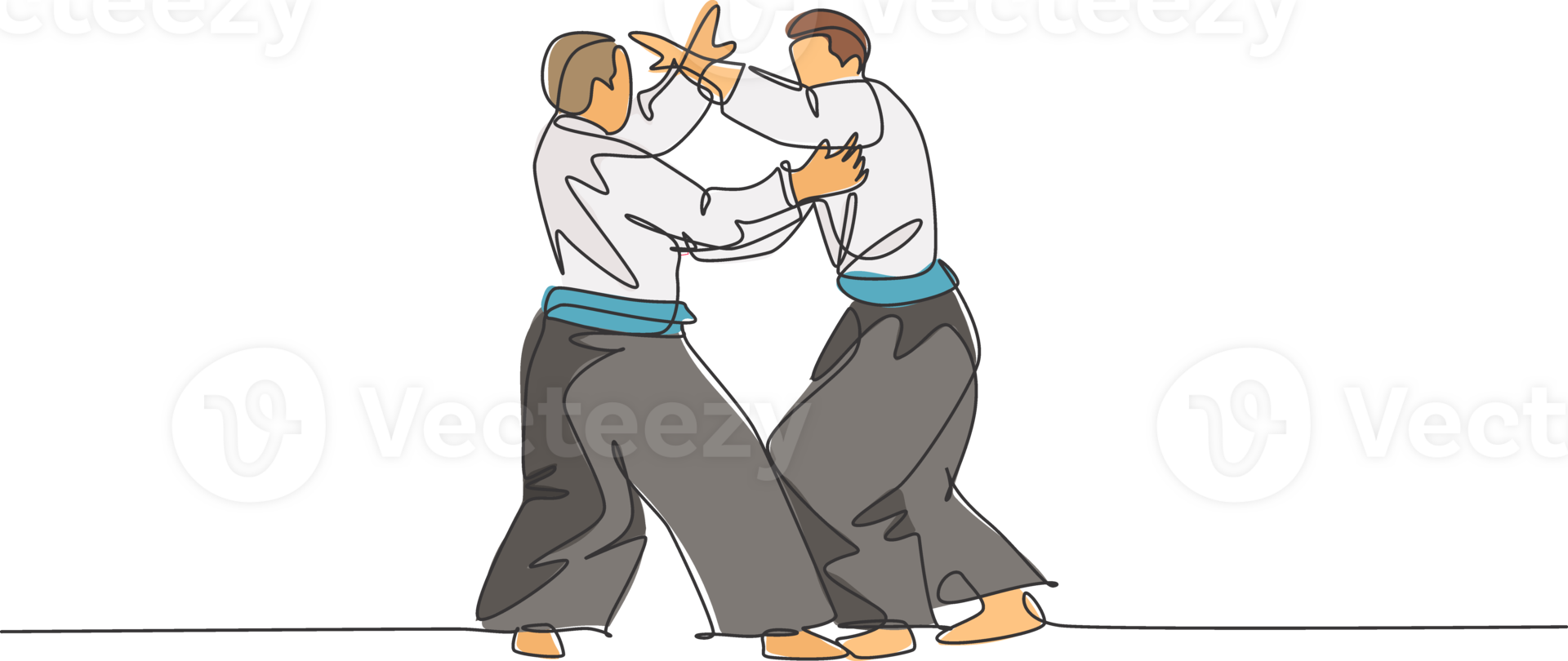 One single line drawing of two young energetic men wearing kimono exercise aikido fight technique in sport hall illustration. Healthy lifestyle sport concept. Modern continuous line draw design png