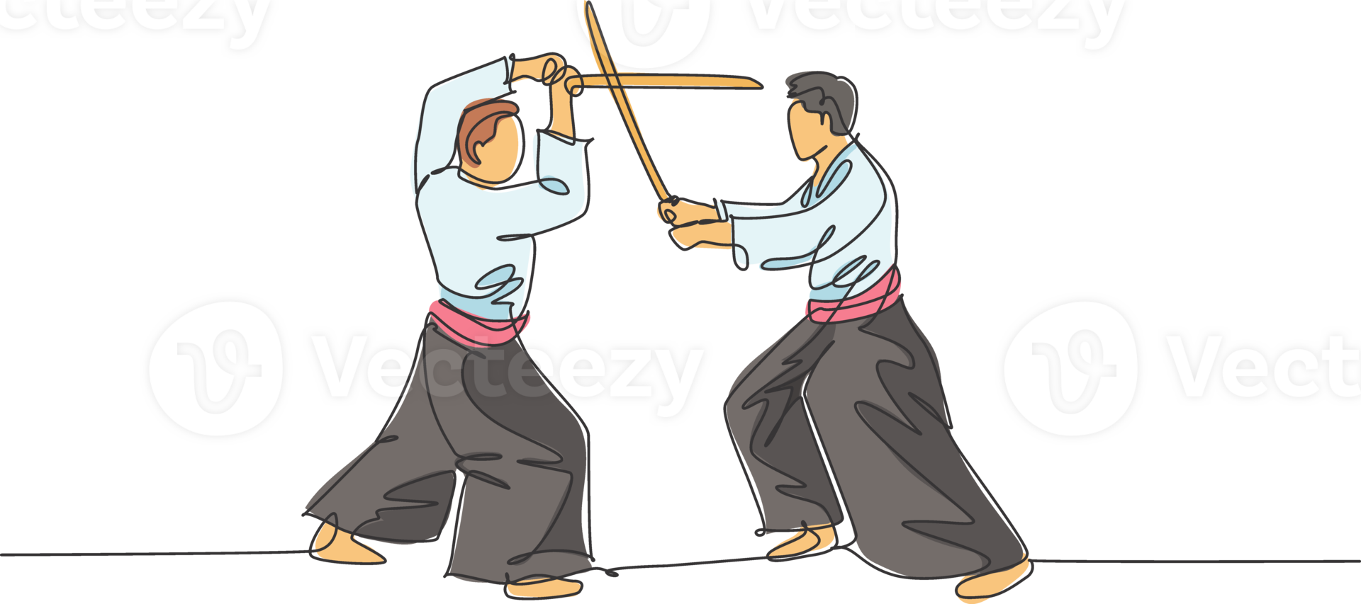 Single continuous line drawing of two sportive men wearing kimono practice aikido sparring fight technique with wooden sword. Japanese martial art concept. One line draw design illustration png