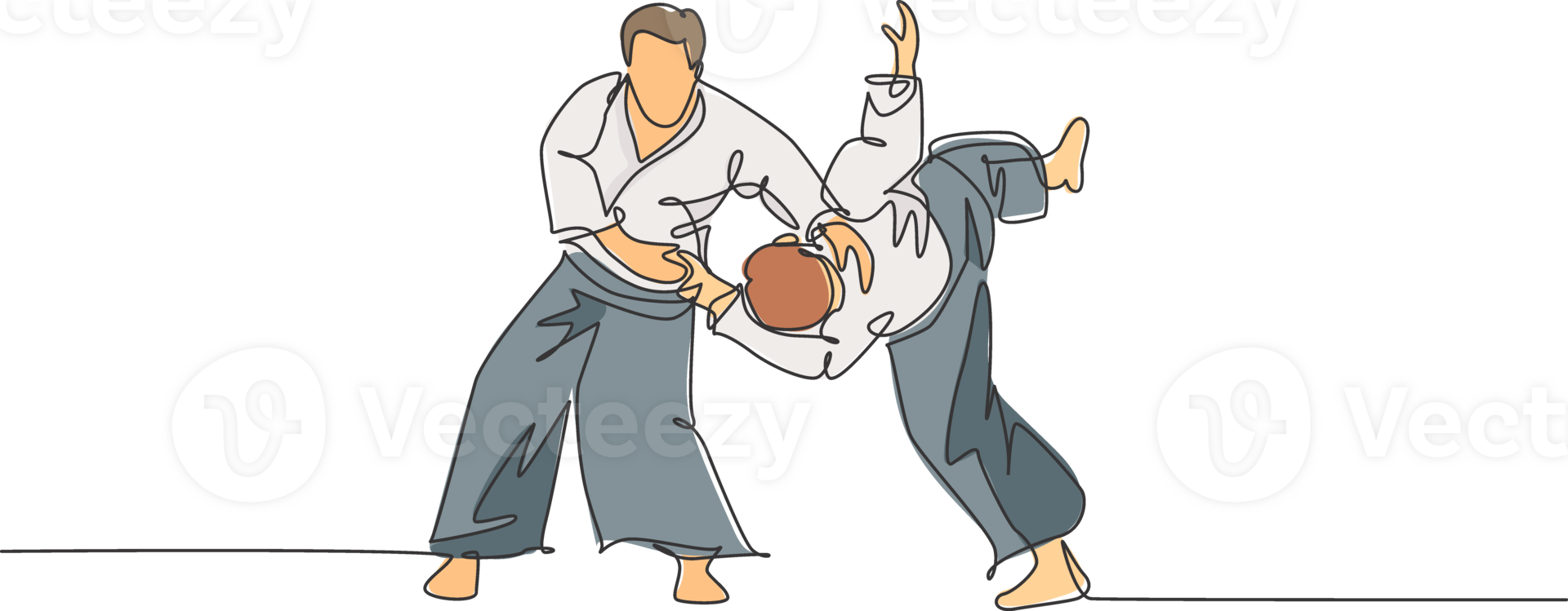 One continuous line drawing young man aikido fighter practice fighting trick at dojo training center. Martial art combative sport concept. Dynamic single line draw graphic design illustration png