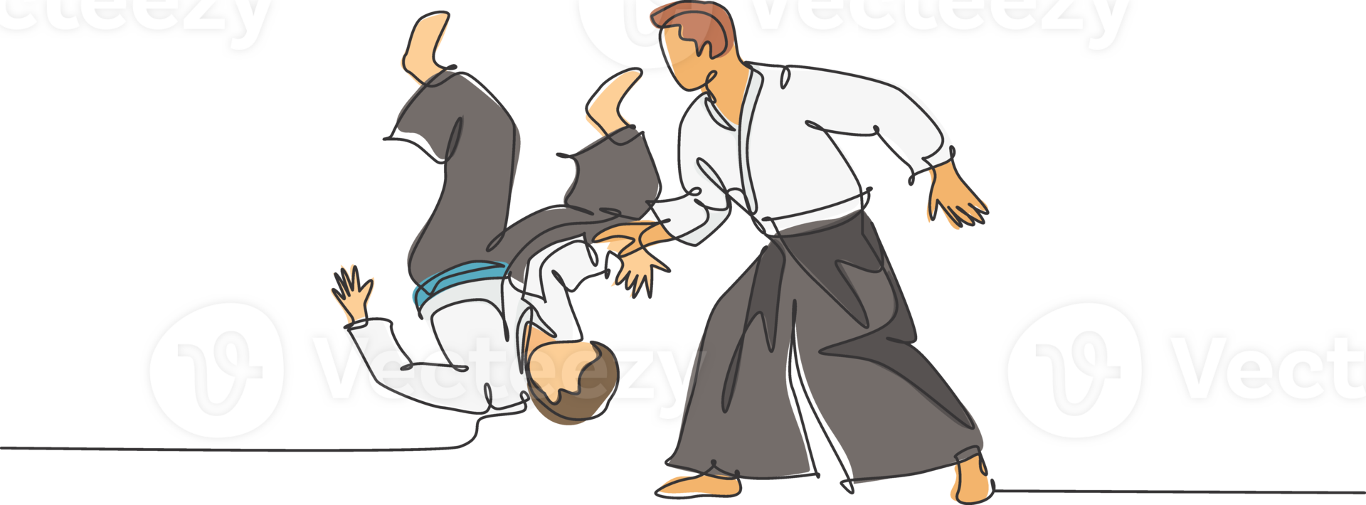 1 contínuo linha desenhando do jovem homem Aikido lutador prática brigando técnica às dojo Treinamento Centro. marcial arte combativo esporte conceito. dinâmico solteiro linha desenhar Projeto ilustração png