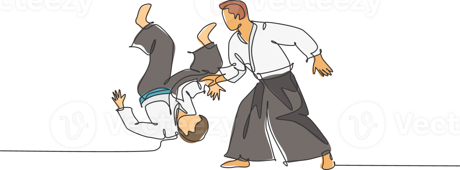 One continuous line drawing of young man aikido fighter practice fighting technique at dojo training center. Martial art combative sport concept. Dynamic single line draw design illustration png