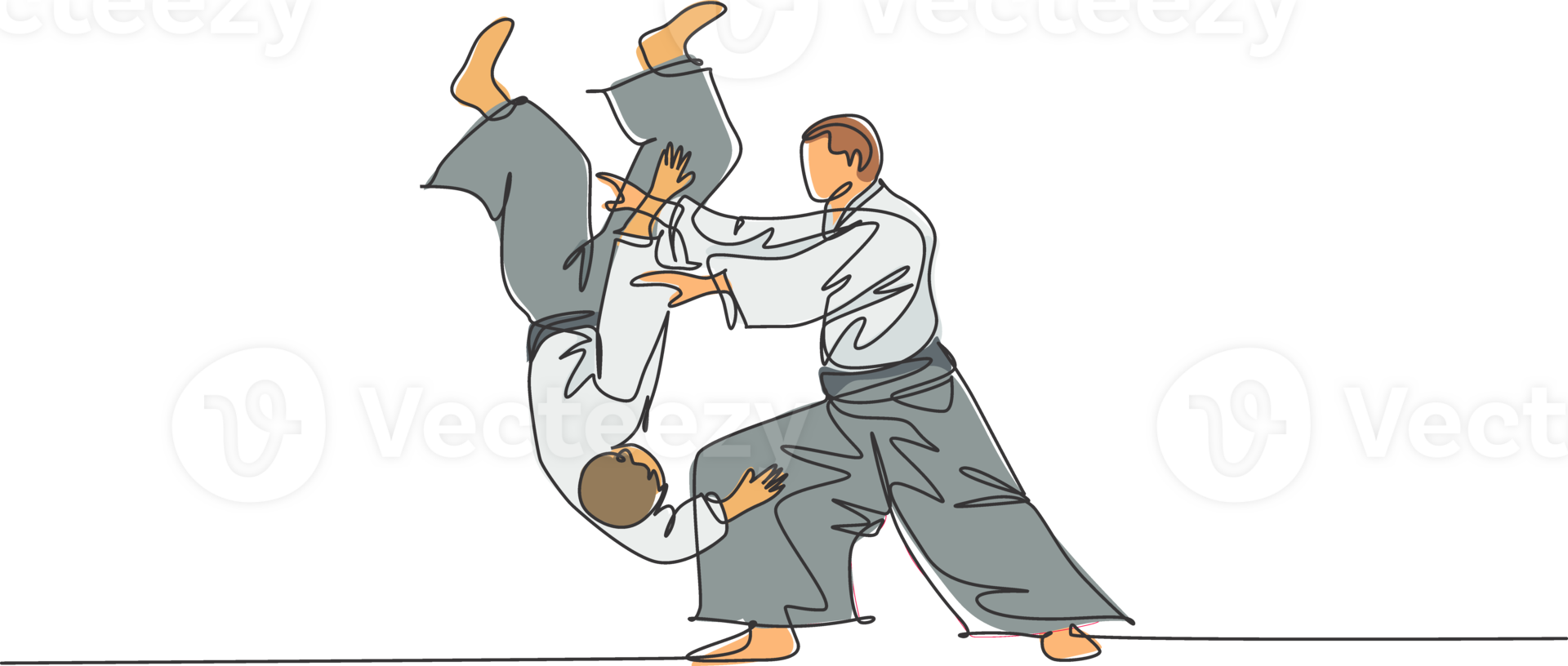 1 solteiro linha desenhando do jovem enérgico homem vestindo quimono exercício Aikido lançar técnica dentro esporte corredor ilustração. saudável estilo de vida esporte conceito. moderno contínuo linha desenhar Projeto png