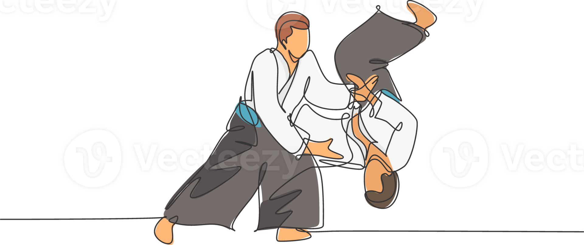 Single continuous line drawing of young sportive man wearing kimono practice throwing enemy in aikido fighting technique. Japanese martial art concept. Trendy one line draw design illustration png