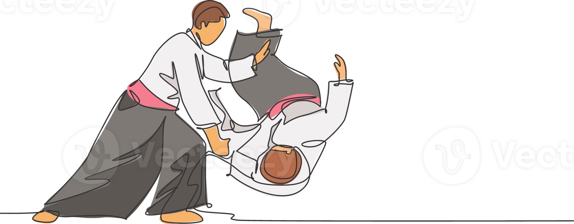 One continuous line drawing of two young man aikido fighter practice throw technique at dojo training center. Martial art combative sport concept. Dynamic single line draw design illustration png