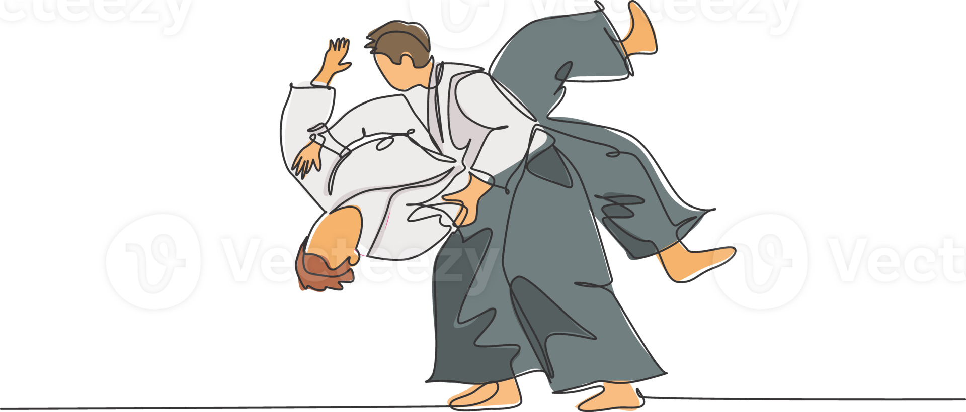 solteiro contínuo linha desenhando do dois jovem esportivo homem vestindo quimono prática batendo dentro Aikido brigando técnica. japonês marcial arte conceito. na moda 1 linha desenhar Projeto ilustração png