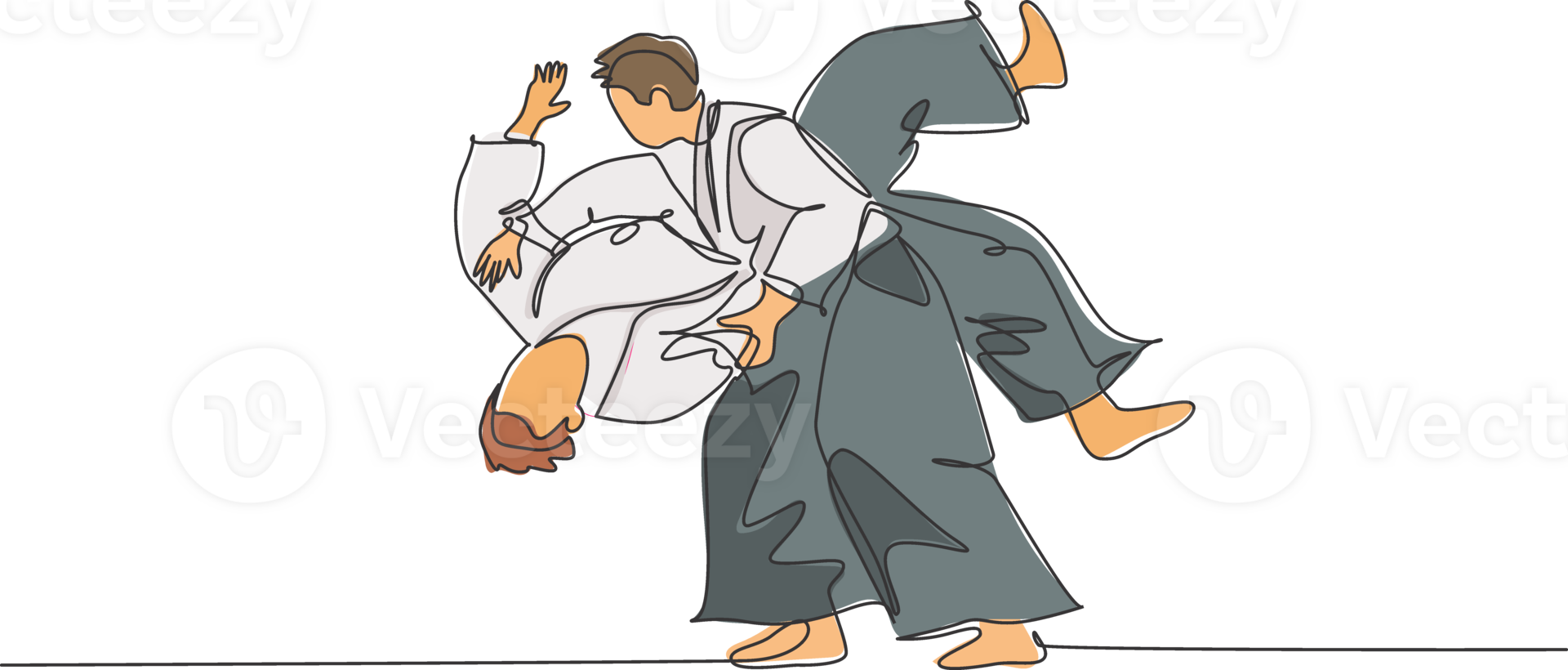 Single continuous line drawing of two young sportive man wearing kimono practice slamming in aikido fighting technique. Japanese martial art concept. Trendy one line draw design illustration png