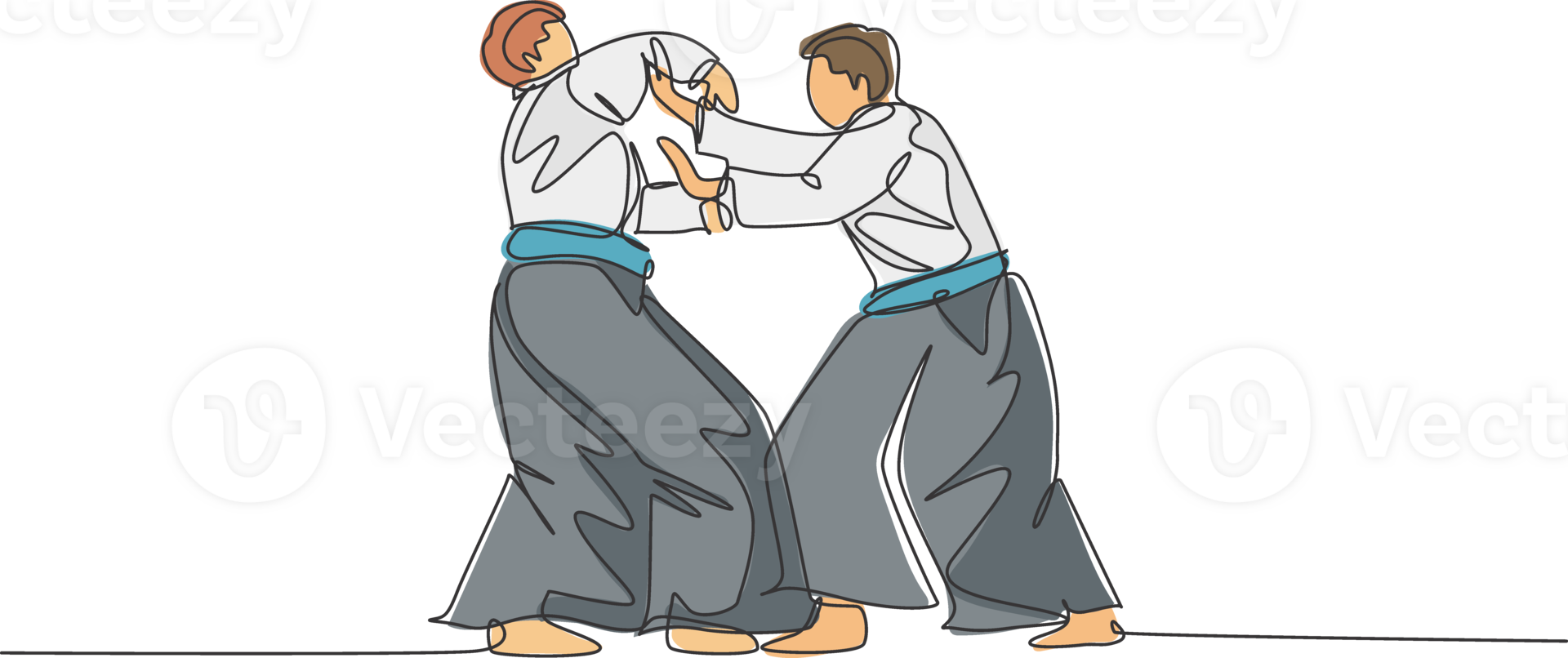 Single continuous line drawing of two young sportive man wearing kimono practice aikido fighting technique in dojo center. Japanese martial art concept. Trendy one line draw design illustration png