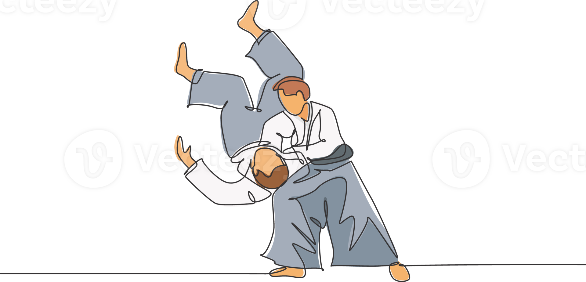 One continuous line drawing of two young men aikido fighter practice fighting train slamming technique at dojo center. Martial art sport concept. Dynamic single line draw design illustration png