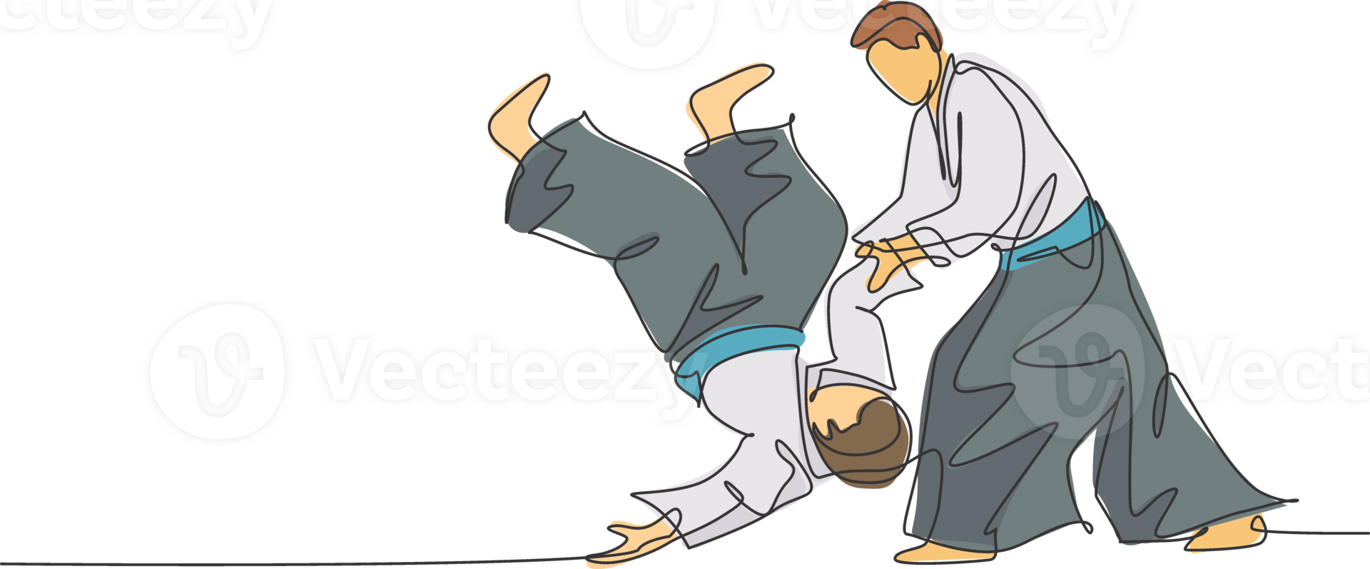 un Célibataire ligne dessin deux Jeune énergique Hommes portant kimono exercice aikido combat dans des sports salle graphique illustration. en bonne santé mode de vie sport concept. moderne continu ligne dessiner conception png