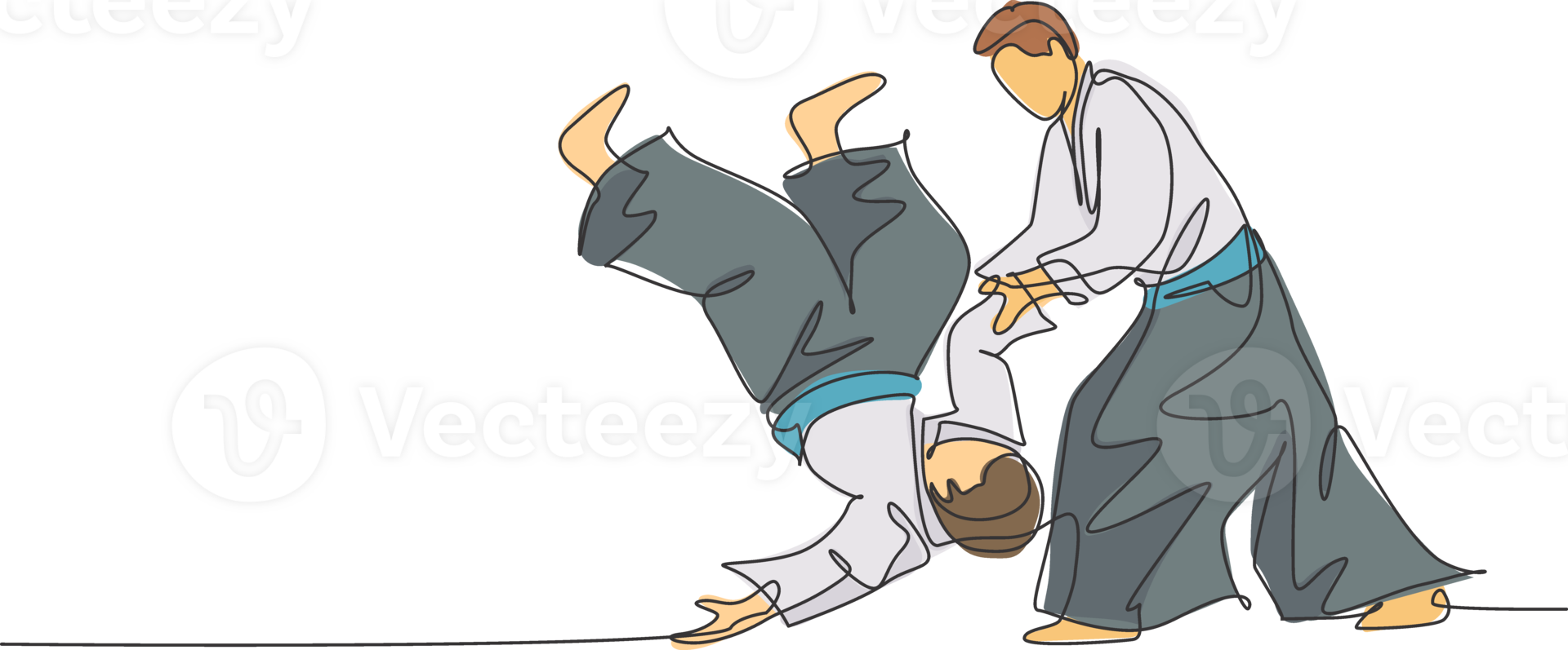 One single line drawing two young energetic men wearing kimono exercise aikido fighting in sports hall graphic illustration. Healthy lifestyle sport concept. Modern continuous line draw design png