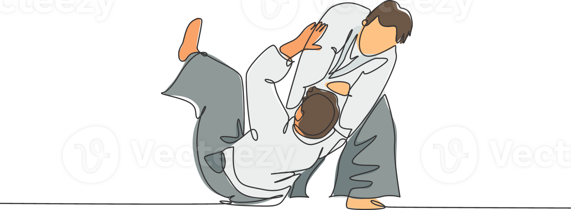 1 solteiro linha desenhando do dois jovem enérgico homens vestindo quimono exercício Aikido lançar técnica dentro esporte corredor ilustração. saudável estilo de vida esporte conceito. moderno contínuo linha desenhar Projeto png