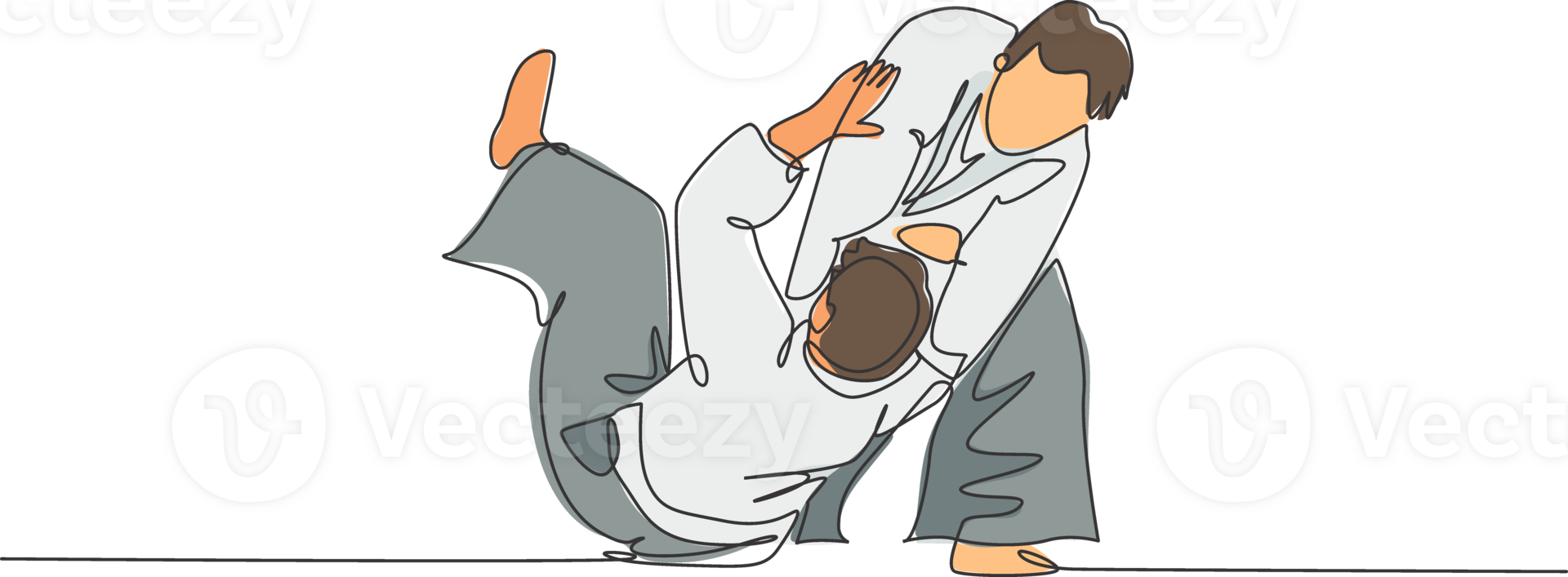 One single line drawing of two young energetic men wearing kimono exercise aikido throw technique in sport hall illustration. Healthy lifestyle sport concept. Modern continuous line draw design png