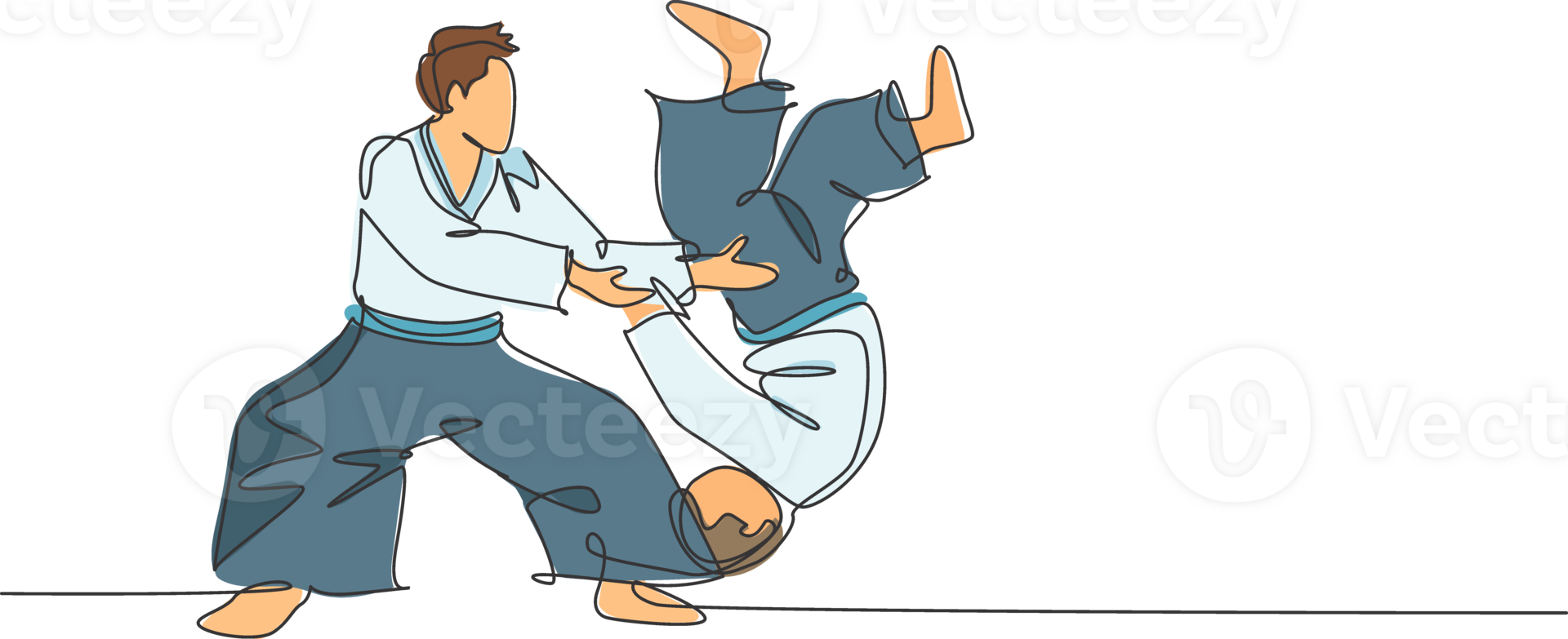 One continuous line drawing of young men aikido fighter practice fighting technique at dojo training center. Martial art combative sport concept. Dynamic single line draw design illustration png