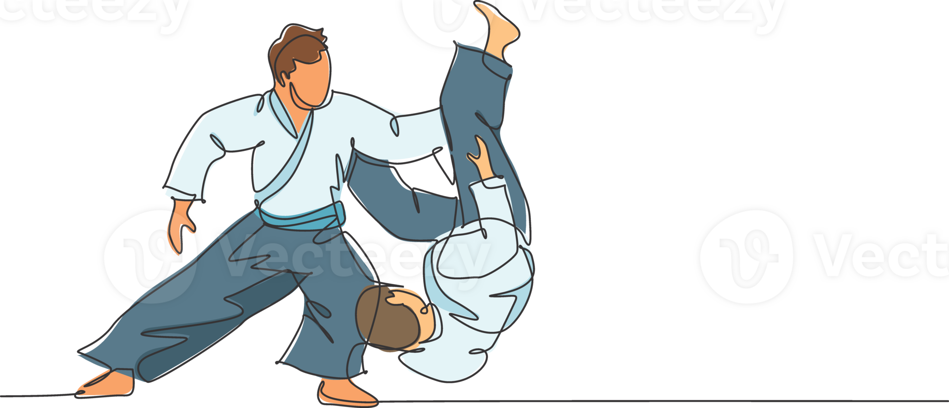 Single continuous line drawing of two young sportive men wearing kimono practice throeing in aikido fighting technique. Japanese martial art concept. Trendy one line draw design illustration png