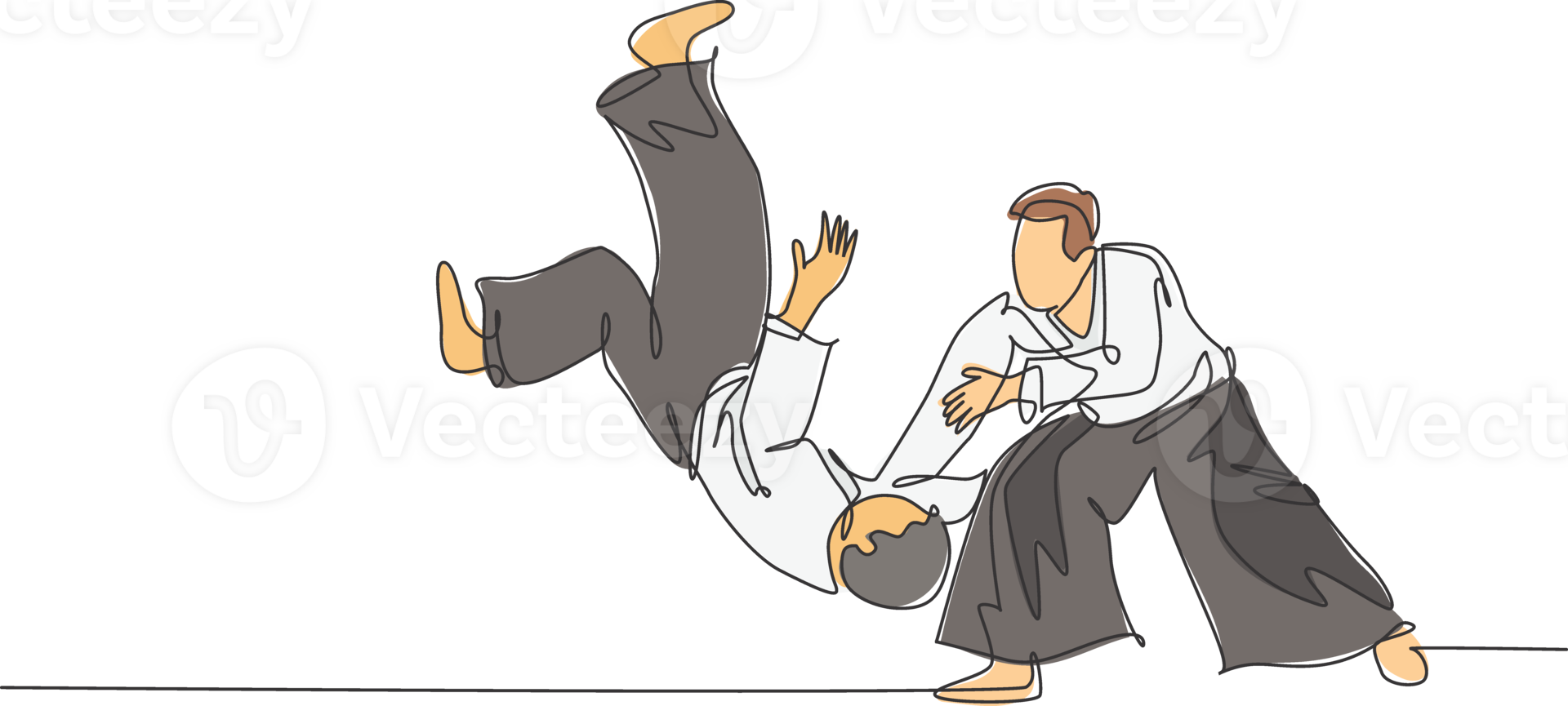 One continuous line drawing of two young men aikido fighter practice sparring fight at dojo training center. Martial art combative sport concept. Dynamic single line draw design illustration png