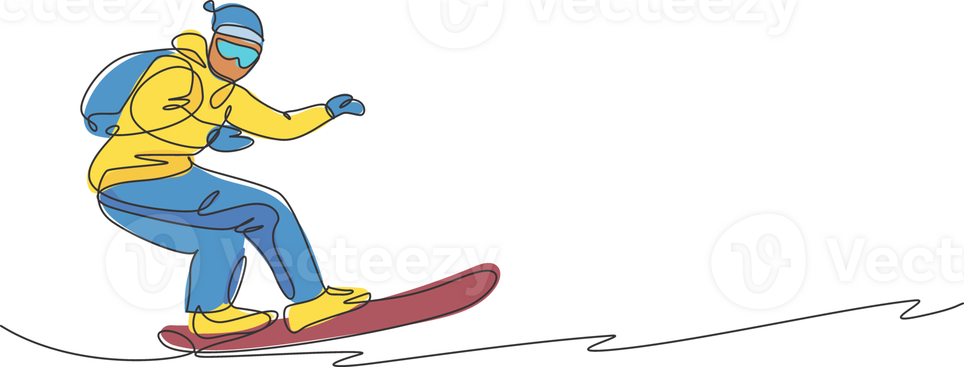 einer kontinuierlich Linie Zeichnung von jung sportlich Mann Snowboarder Reiten Snowboard im Alpen schneebedeckt Pulver Berg. Winter Lebensstil Sport Konzept. dynamisch Single Linie zeichnen Design Grafik Illustration png