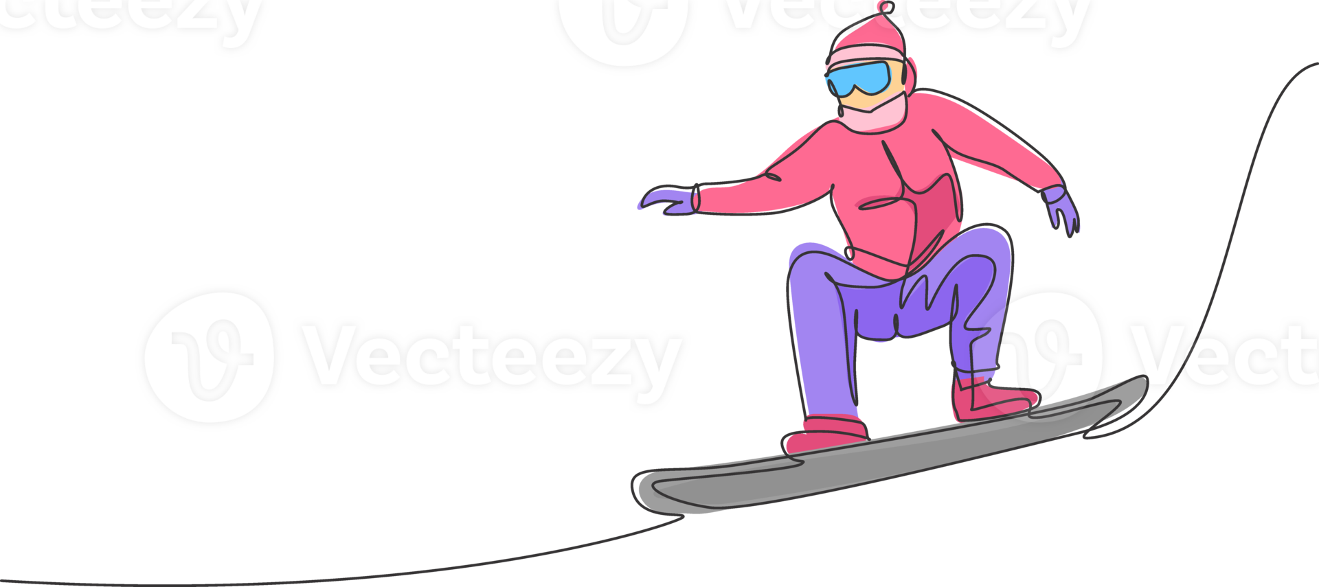 Single kontinuierlich Linie Zeichnung von jung sportlich Snowboarder Mann Springen Reiten Snowboard beim Berg. draussen extrem Sport. Winter Ferien Konzept. modisch einer Linie zeichnen Design Illustration png