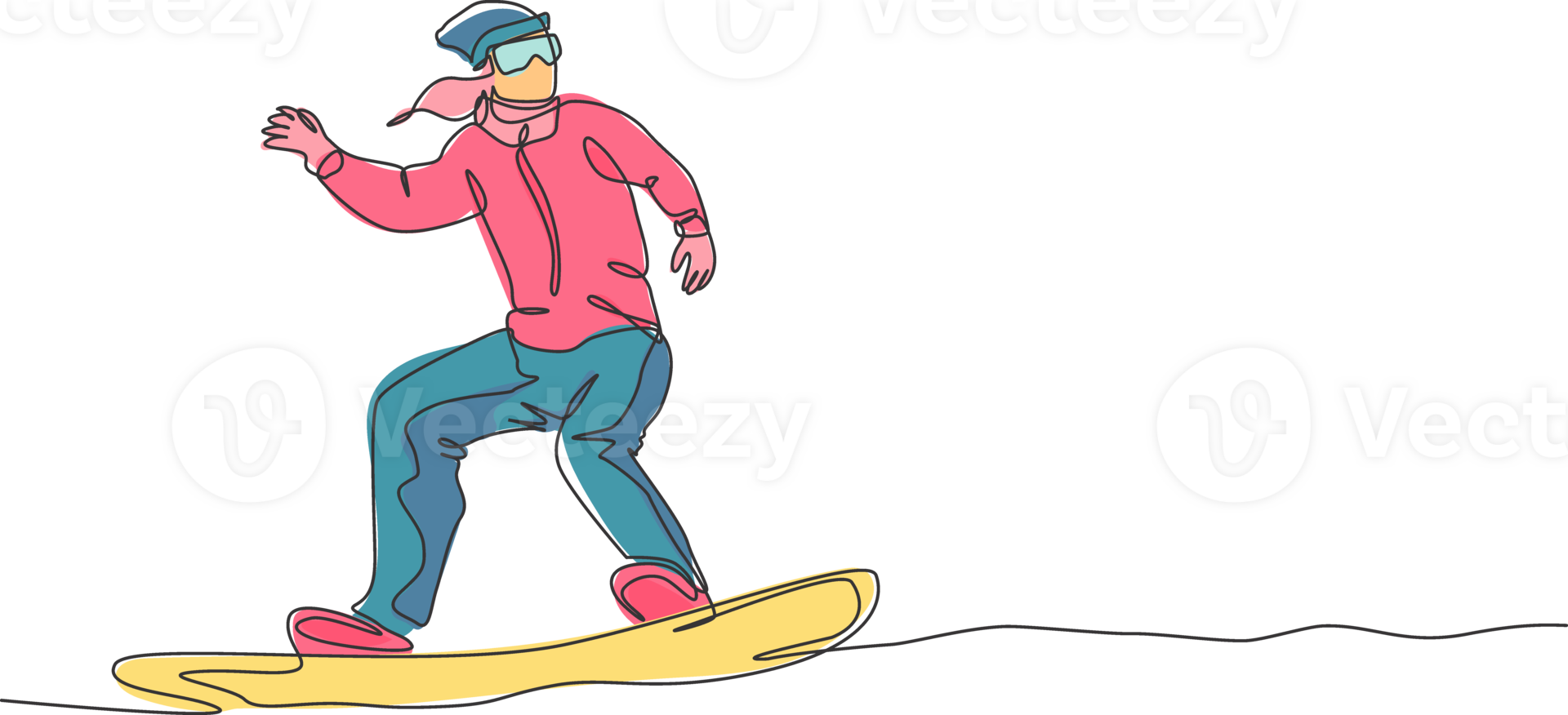 einer Single Linie Zeichnung von jung energisch Snowboarder Frau Reiten schnell Snowboard beim schneebedeckt Berg Illustration. Tourist Ferien Lebensstil Sport Konzept. modern kontinuierlich Linie zeichnen Design png