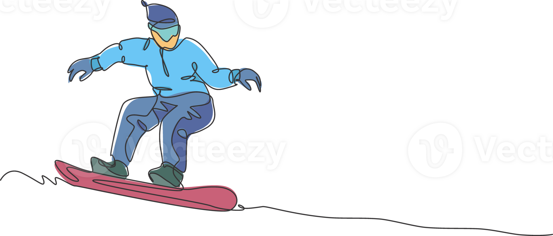 Single kontinuierlich Linie Zeichnung von jung sportlich Snowboarder Mann Reiten Snowboard beim Berg. draussen extrem Sport. Winter Jahreszeit Ferien Konzept. modisch einer Linie zeichnen Design Illustration png