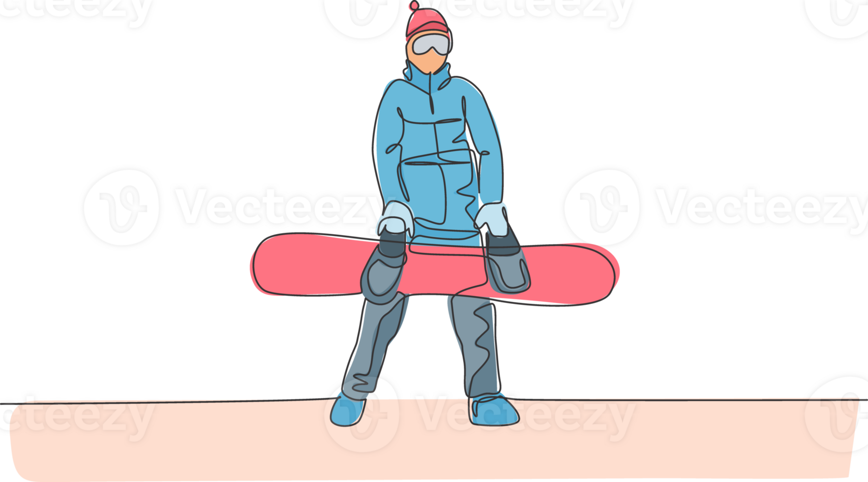 One continuous line drawing of young sporty man snowboarder holding snowboard board in alps snowy powder mountain. Winter lifestyle sport concept. Dynamic single line draw design illustration png