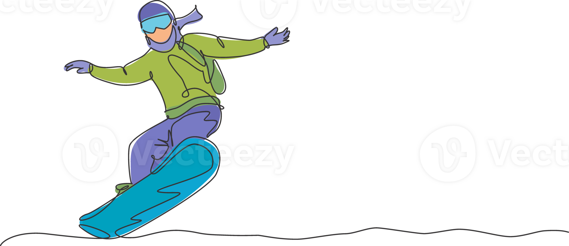 One continuous line drawing of young sporty man snowboarder riding snowboard in alps snowy powder mountain. Winter lifestyle sport concept. Dynamic single line draw graphic design illustration png