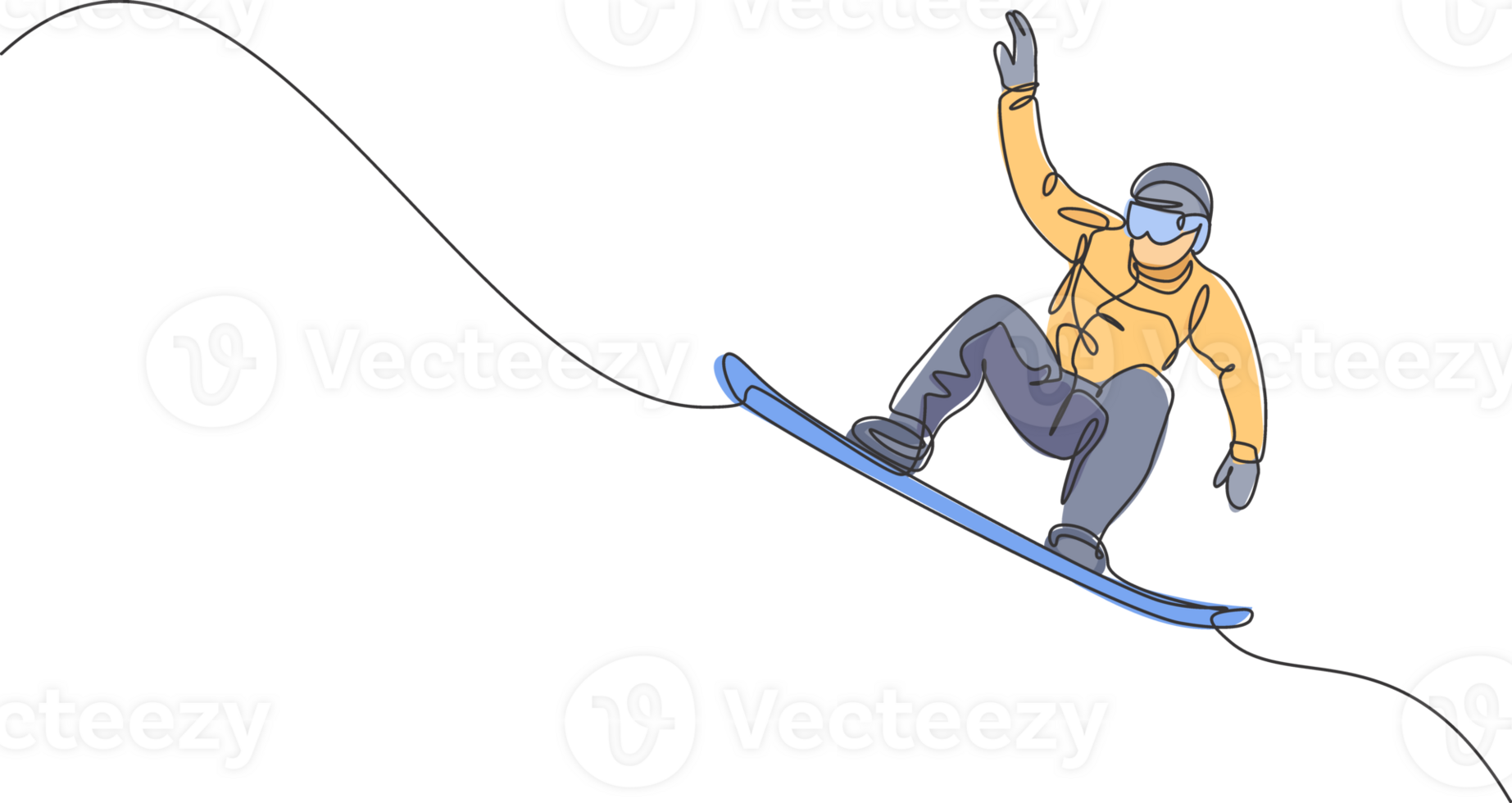 One continuous line drawing of young sporty man snowboarder riding snowboard and jumping alps snowy powder mountain. Winter lifestyle sport concept. Dynamic single line draw design illustration png