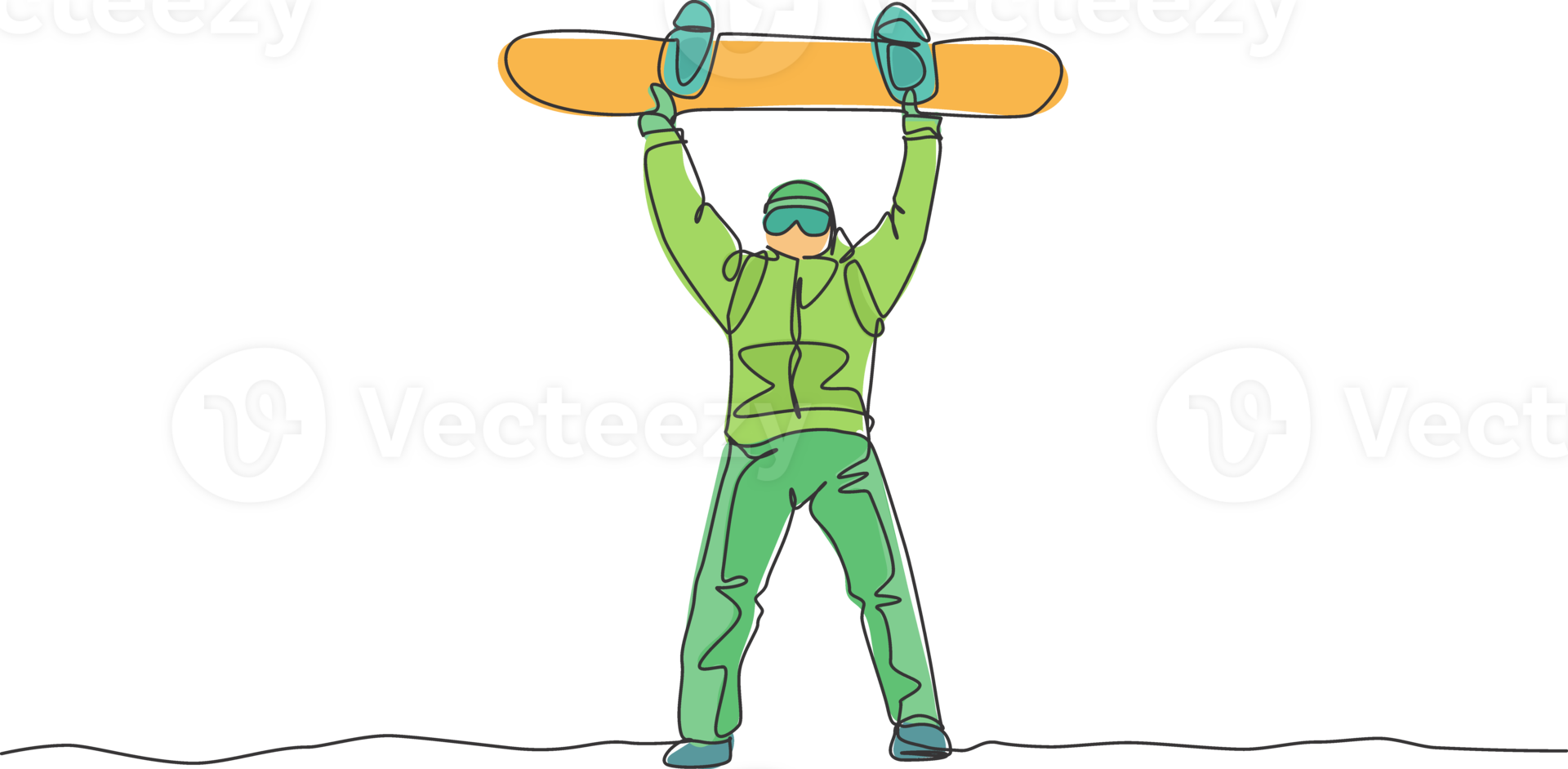 Single kontinuierlich Linie Zeichnung jung sportlich Snowboarder Mann Aufzug Snowboard Tafel beim Berg. draussen extrem Sport. Winter Jahreszeit Ferien Konzept. einer Linie zeichnen Grafik Design Illustration png