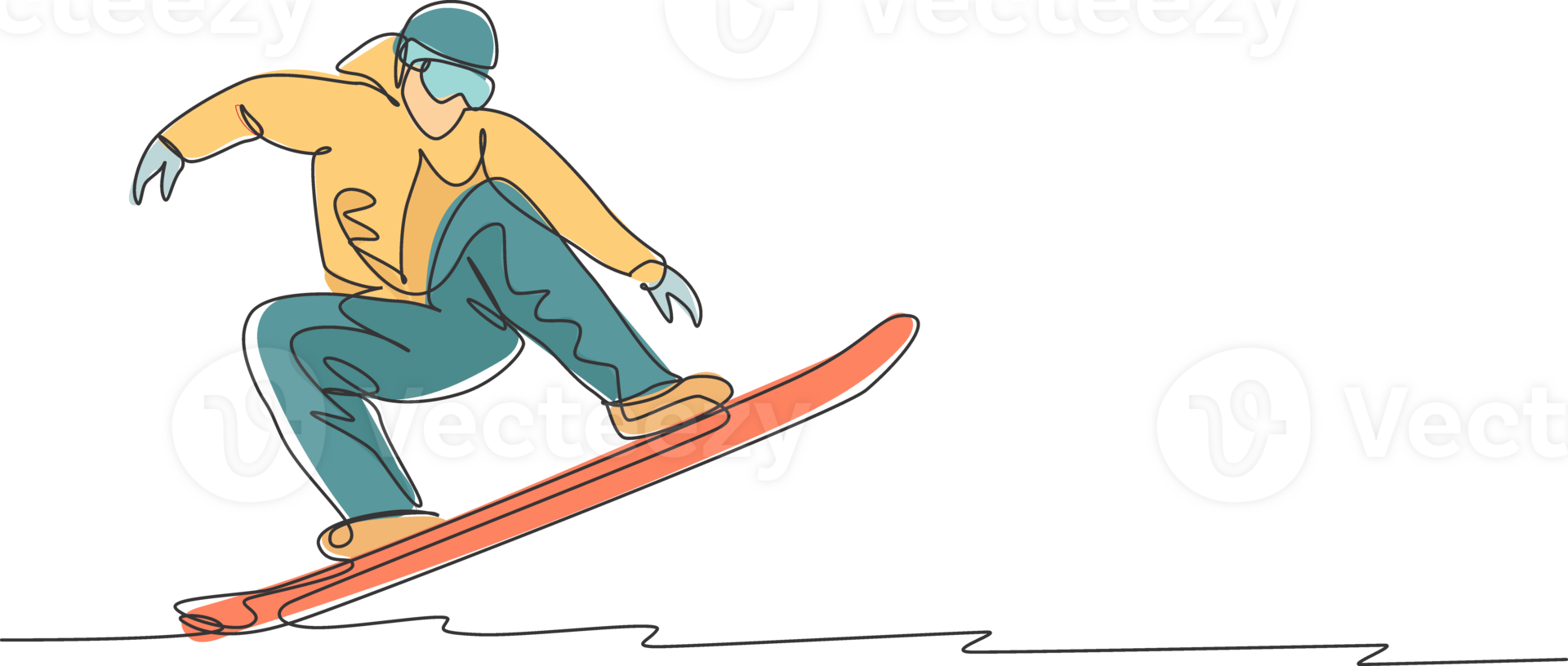 One single line drawing young energetic snowboarder man ride fast snowboard at snowy mountain graphic illustration. Tourist vacation lifestyle sport concept. Modern continuous line draw design png