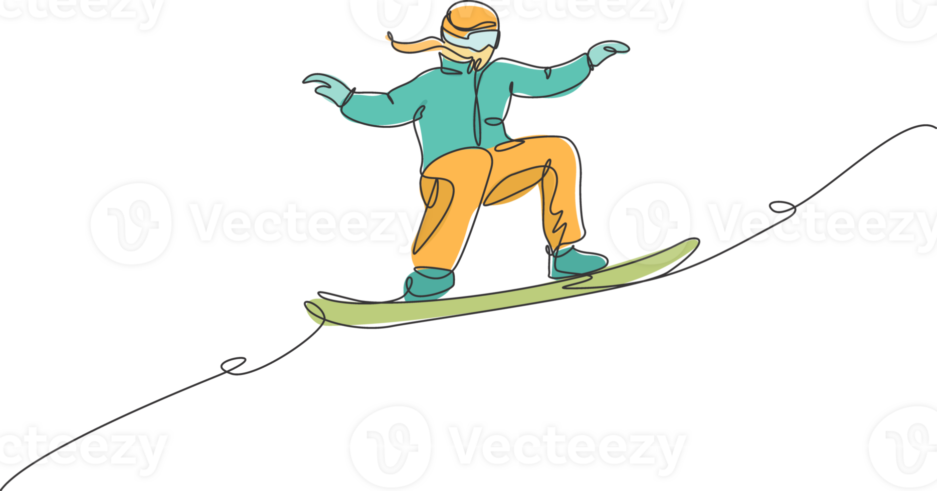 einer Single Linie Zeichnung von jung energisch Snowboarder Frau Reiten schnell Snowboard beim schneebedeckt Berg Illustration. Tourist Ferien Lebensstil Sport Konzept. modern kontinuierlich Linie zeichnen Design png