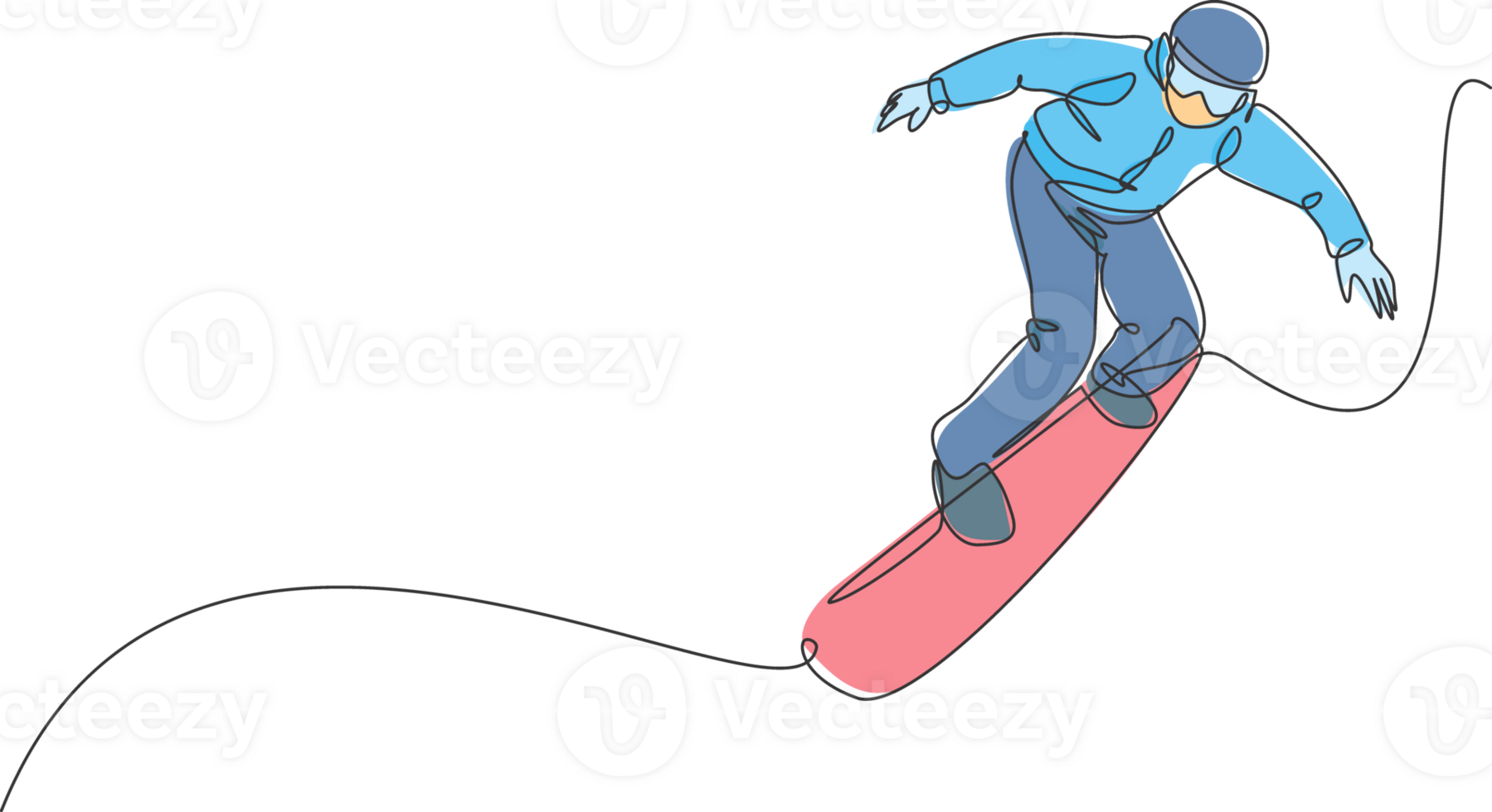 One continuous line drawing of young sporty man snowboarder riding snowboard and jump at alps snowy powder mountain. Winter lifestyle sport concept. Dynamic single line draw design illustration png