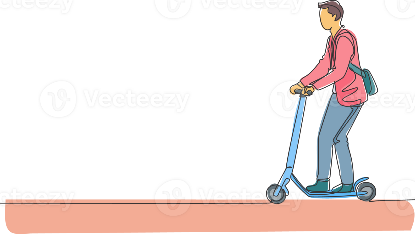One single line drawing of young energetic man riding electric scooter at city park graphic illustration. Future transport. Healthy lifestyle sport concept. Modern continuous line draw design png