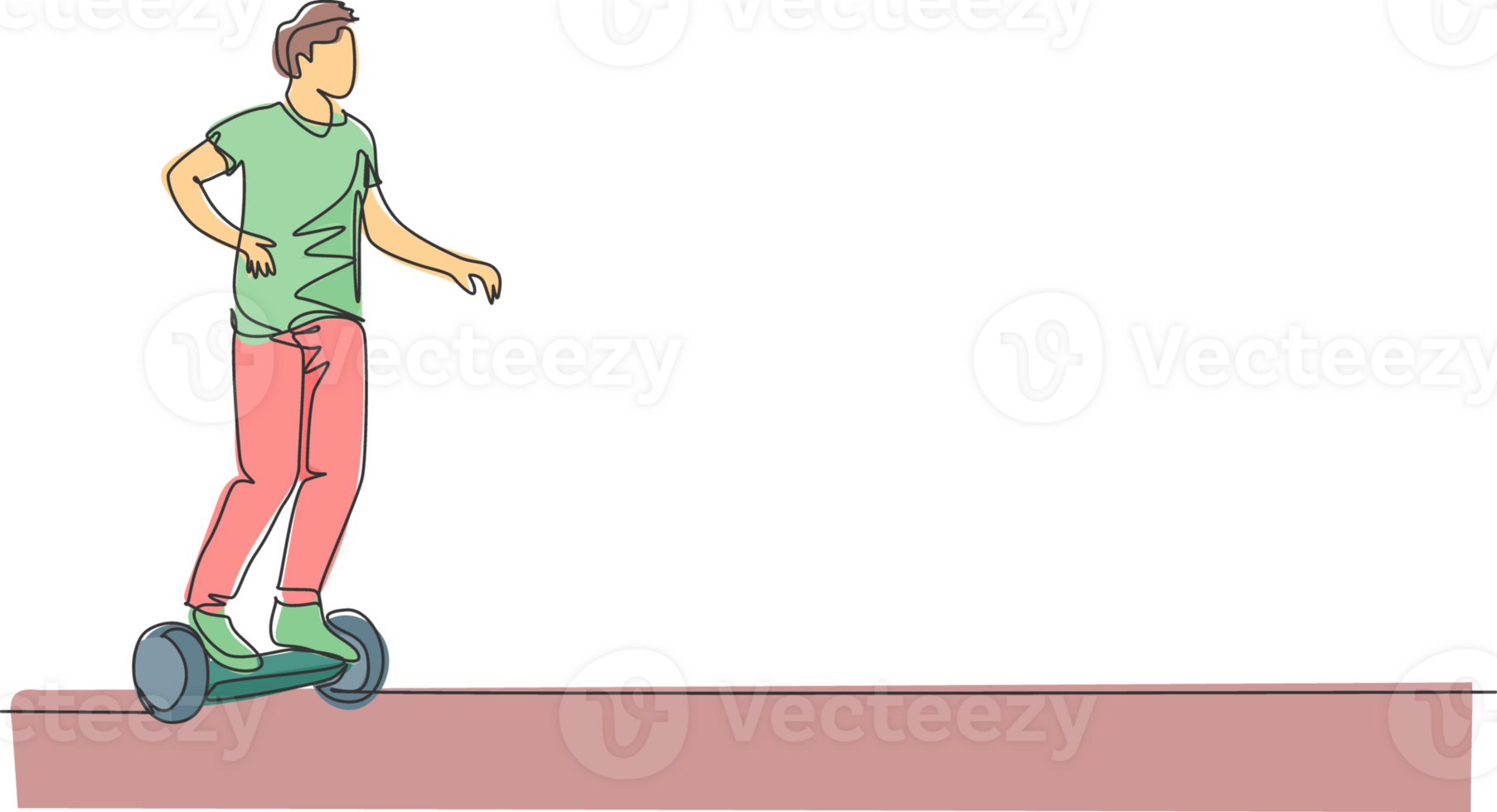 Single continuous line drawing of young happy man riding hoverboard at public area. Eco friendly gyroscooter transportation. Urban lifestyle concept. Trendy one line draw design illustration png