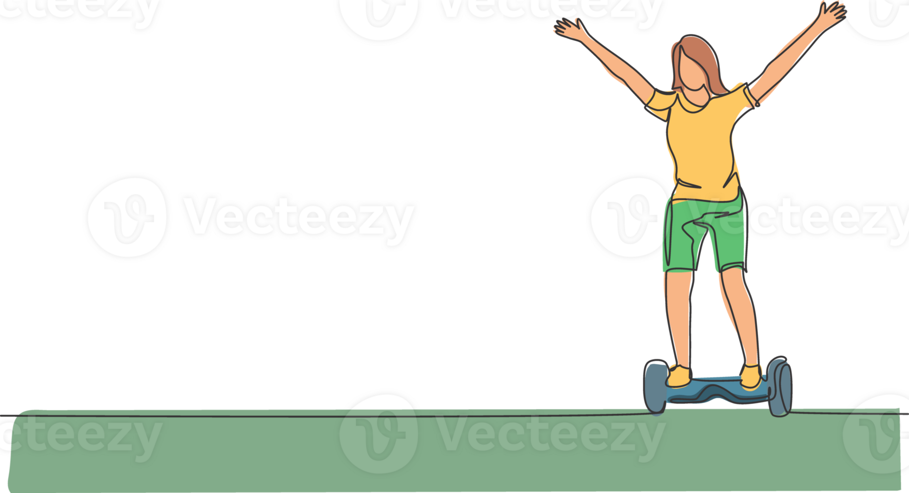 One continuous line drawing of young happy woman stand and ride hoverboard at outdoor park. Green transportation. Future urban lifestyle concept. Dynamic single line draw design illustration png