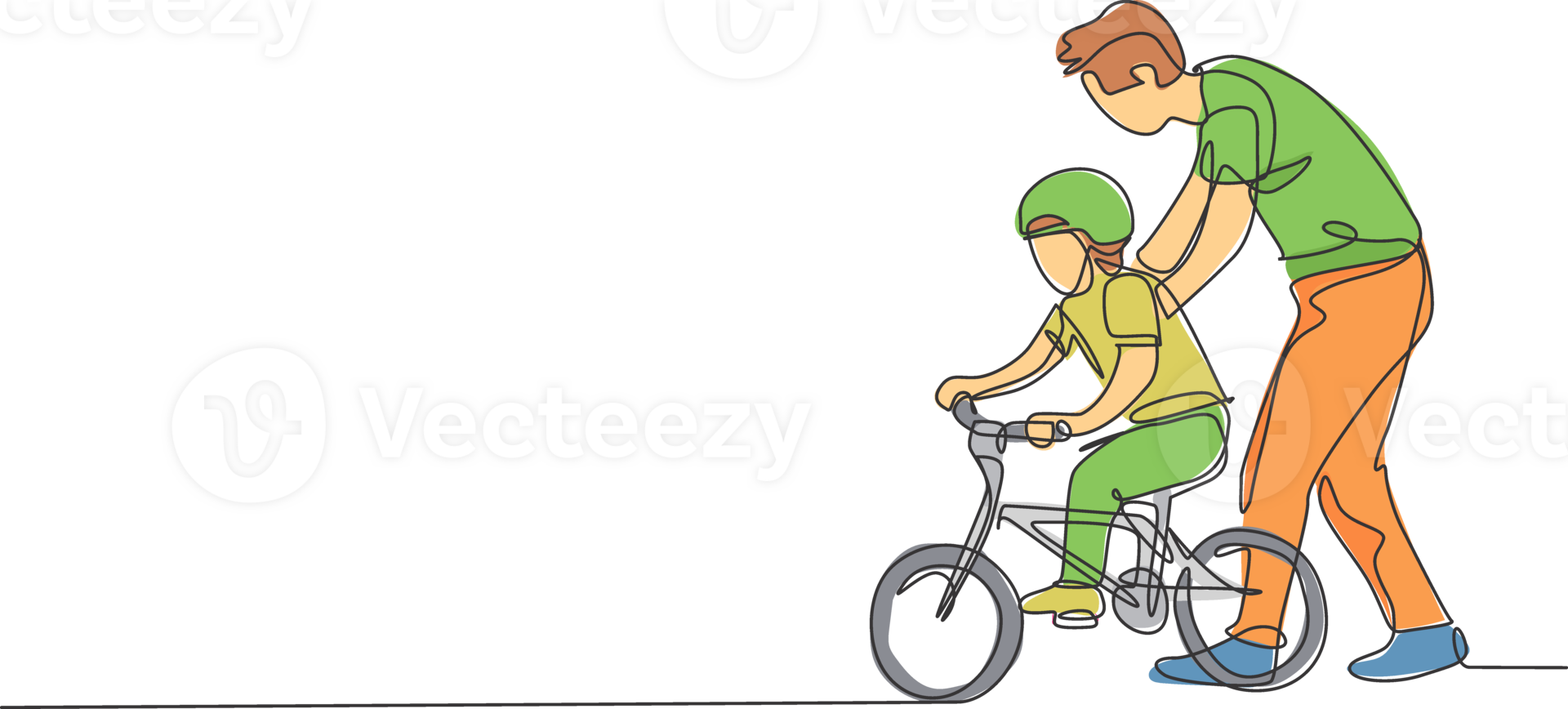 Single continuous line drawing of young kids boy learning ride bicycle with father at outdoor park. Parenthood lesson. Family time concept. Trendy one line draw design graphic illustration png