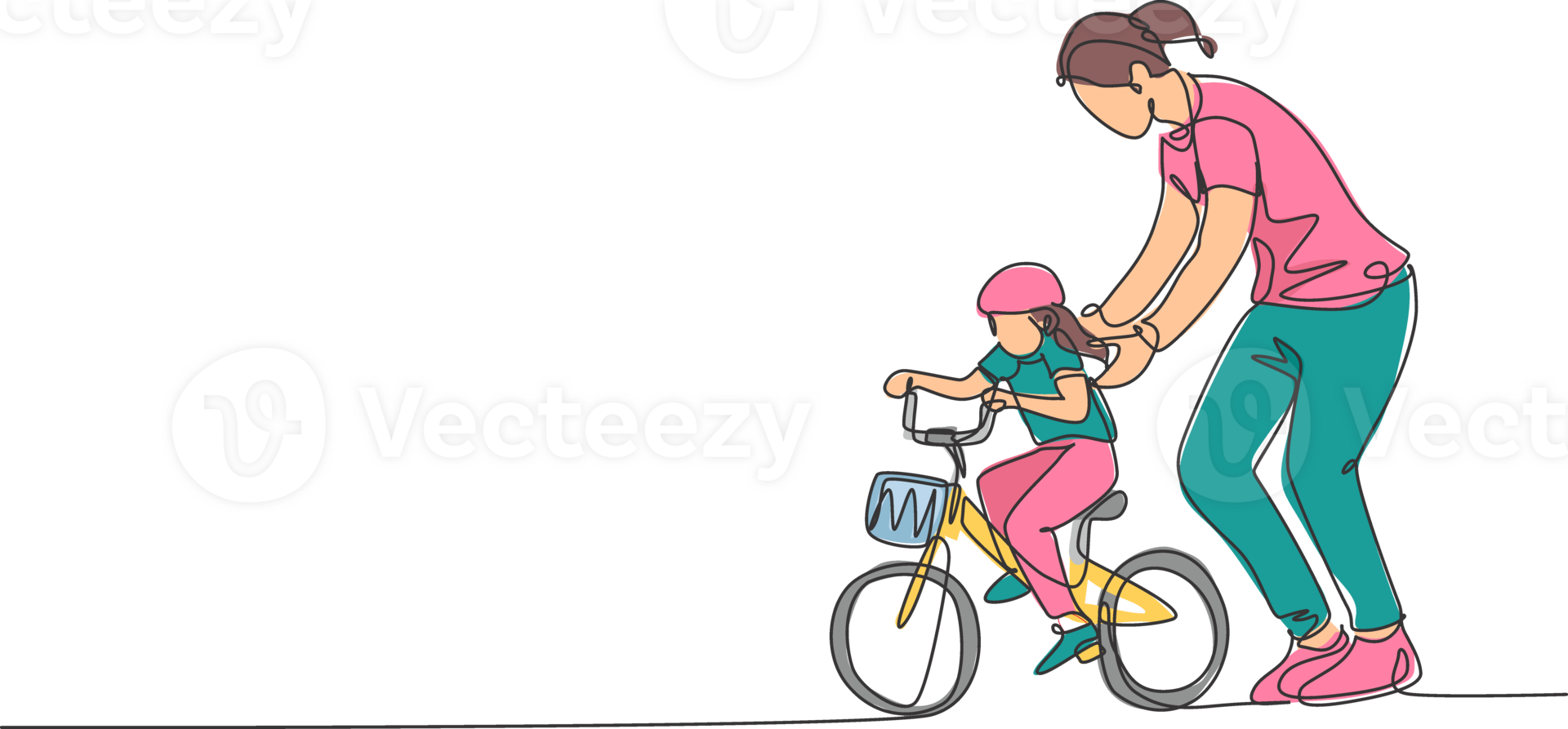 One continuous line drawing of young mother help her daughter learning to ride a bicycle at countryside together. Parenthood lesson concept. Dynamic single line draw graphic design illustration png