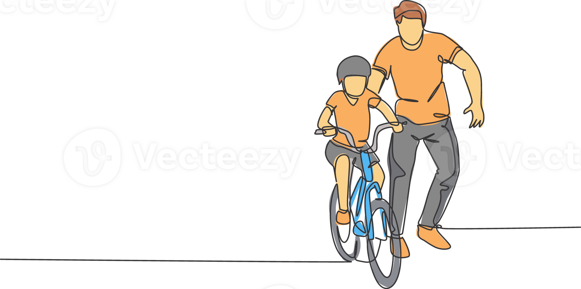 One continuous line drawing of young father help his son learning to ride a bicycle at countryside together. Parenthood lesson concept. Dynamic single line draw graphic design illustration png