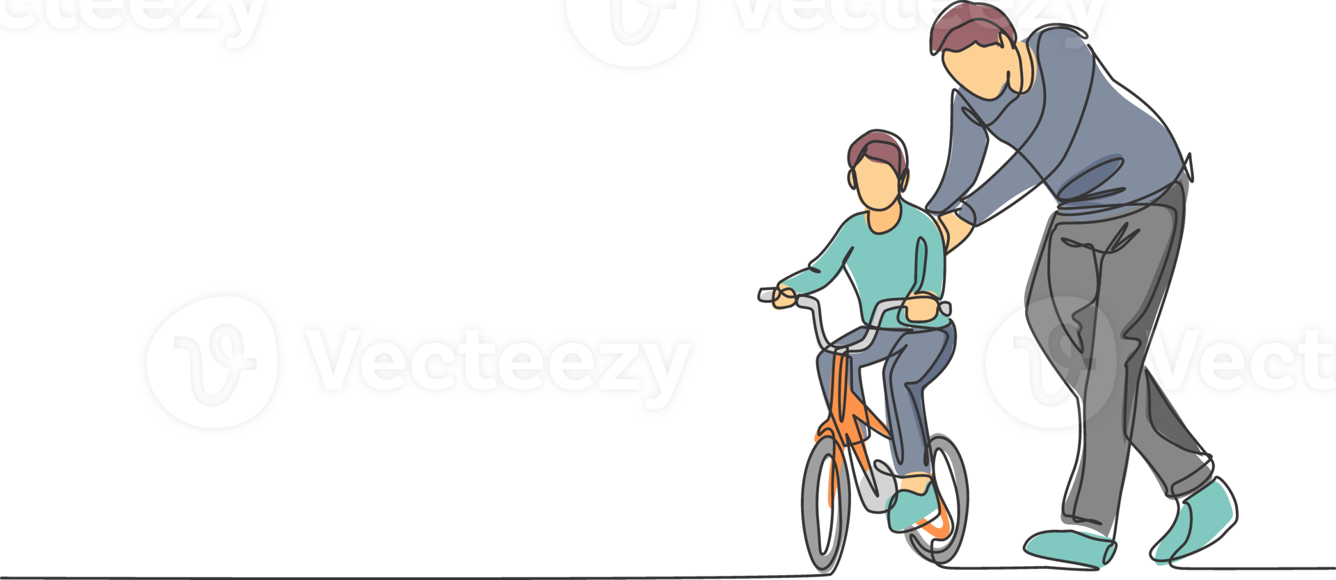 One continuous line drawing of young father help his son learning to ride a bicycle at countryside together. Parenthood lesson concept. Dynamic single line draw design graphic vector illustration png