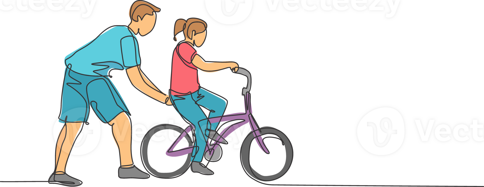 Single continuous line drawing of young kids girl learning ride bicycle with father at outdoor park. Parenthood lesson. Family time concept. Trendy one line draw graphic design illustration png