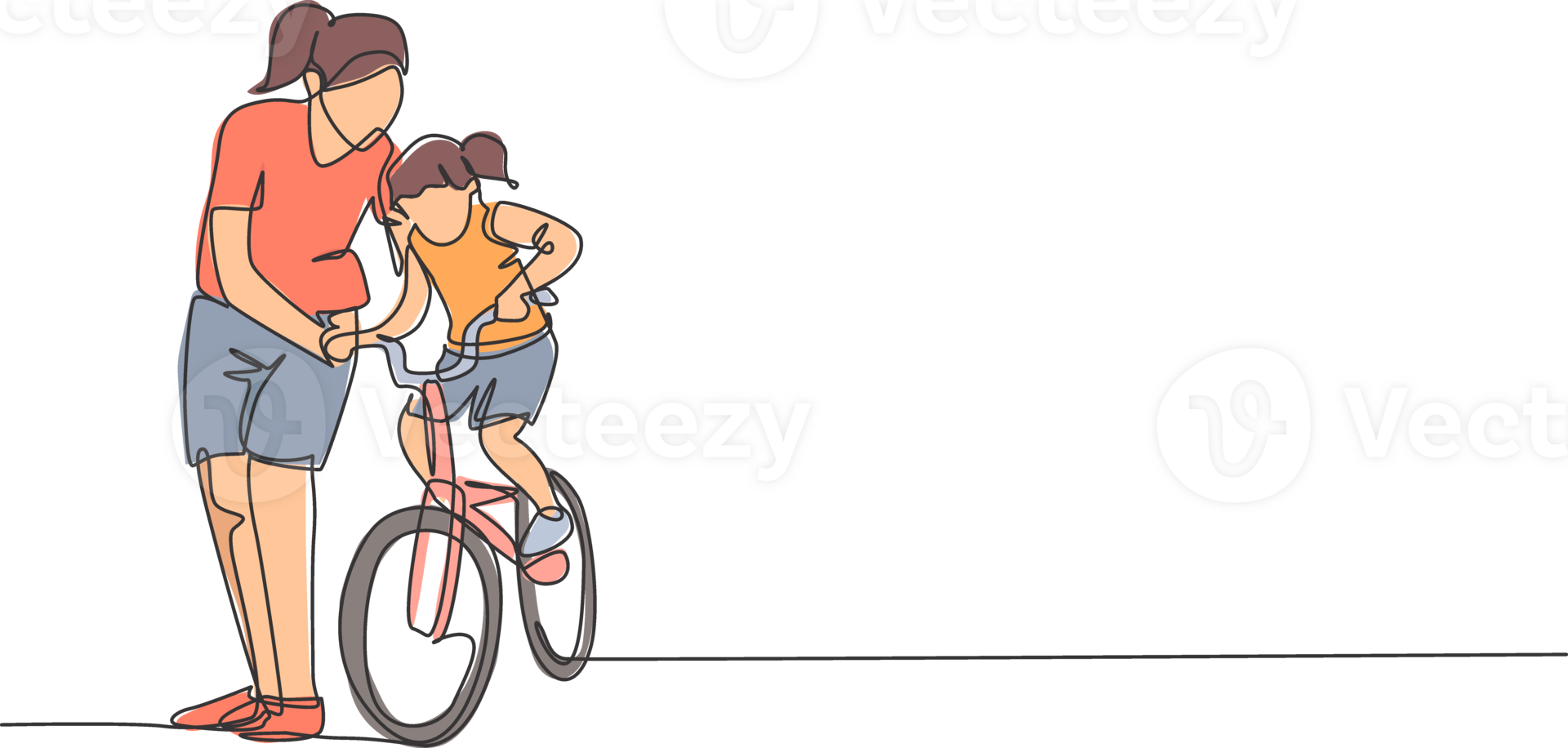 One continuous line drawing of young mother help her daughter learning to ride a bicycle at countryside together. Parenthood lesson concept. Dynamic single line draw design graphic illustration png