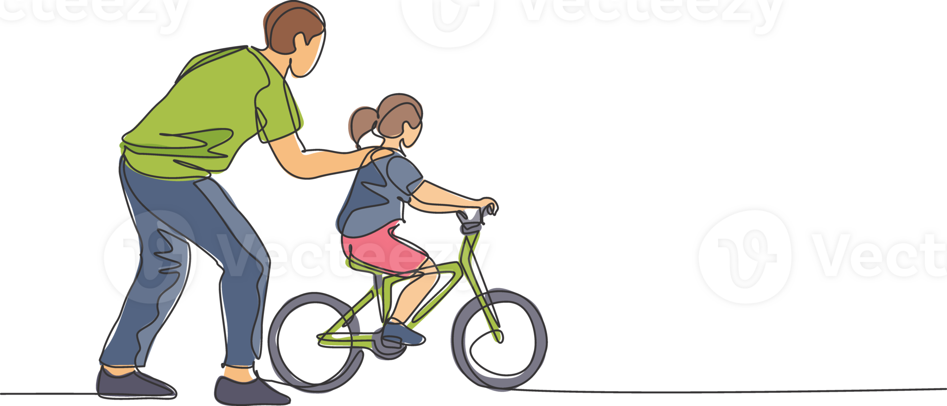 uno soltero línea dibujo joven padre enseñando su hija montando bicicleta a público parque gráfico ilustración. paternidad lección. urbano familia hora concepto. moderno continuo línea dibujar diseño png