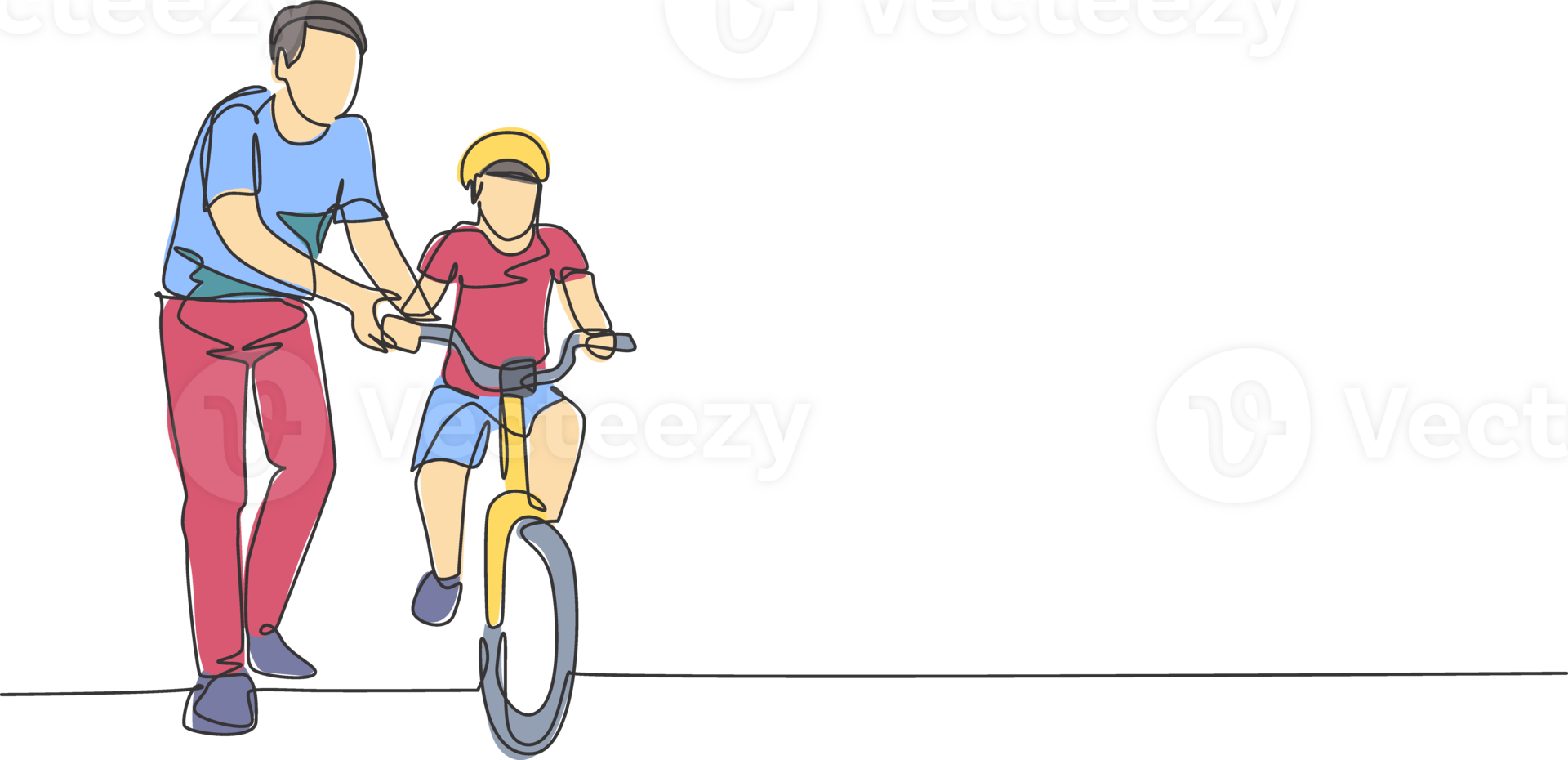 Single continuous line drawing of young kids boy learning ride bicycle with father at outdoor park. Parenthood lesson. Family time concept. Trendy one line draw design illustration graphic png