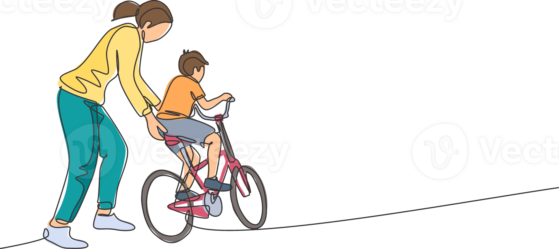 einer Single Linie Zeichnung von jung Mutter Lehren ihr Sohn Reiten Fahrrad beim Öffentlichkeit Park Grafik Illustration. Mutterschaft Lektion. städtisch Familie Zeit Konzept. modern kontinuierlich Linie zeichnen Design png