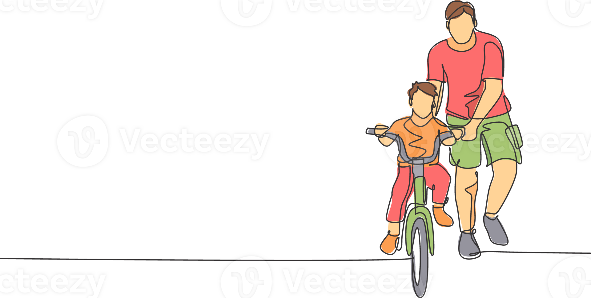 One continuous line drawing of young father help his boy kid learning to ride a bicycle at countryside together. Parenthood lesson concept. Dynamic single line draw design illustration graphic png