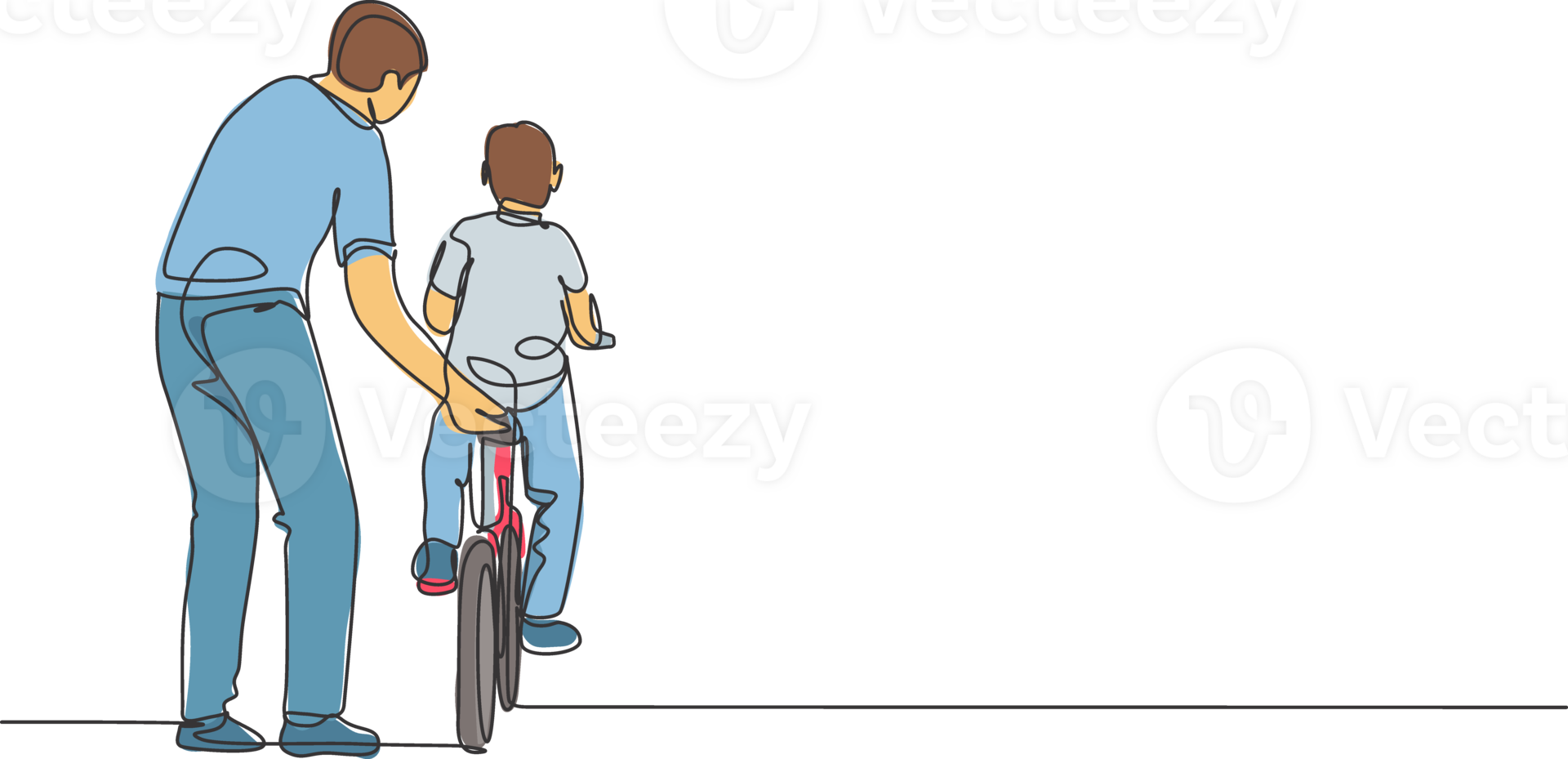 One single line drawing of young father teaching his son riding bicycle at public park graphic illustration. Fatherhood lesson. Urban family time concept. Modern continuous line draw design png