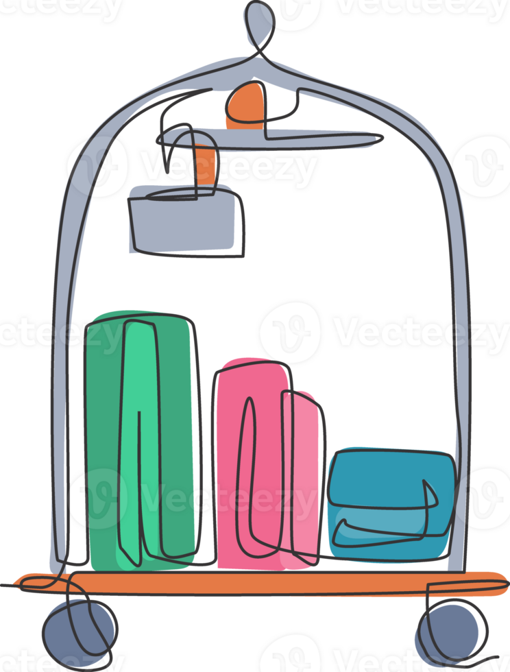 One single line drawing of luggage trolley in hotel graphic illustration. Hotel room service concept. Modern continuous line draw design png