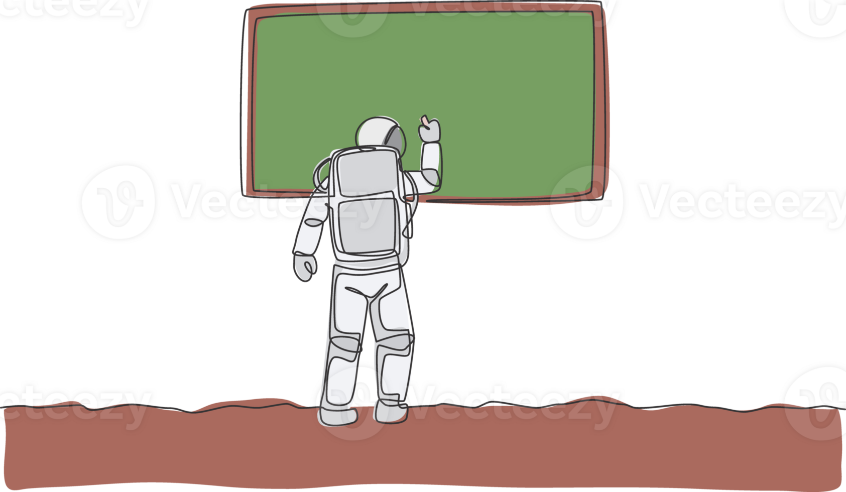 One single line drawing of young astronaut writing on whiteboard to teach some students in moon surface graphic illustration. Cosmonaut deep space concept. Modern continuous line draw design png