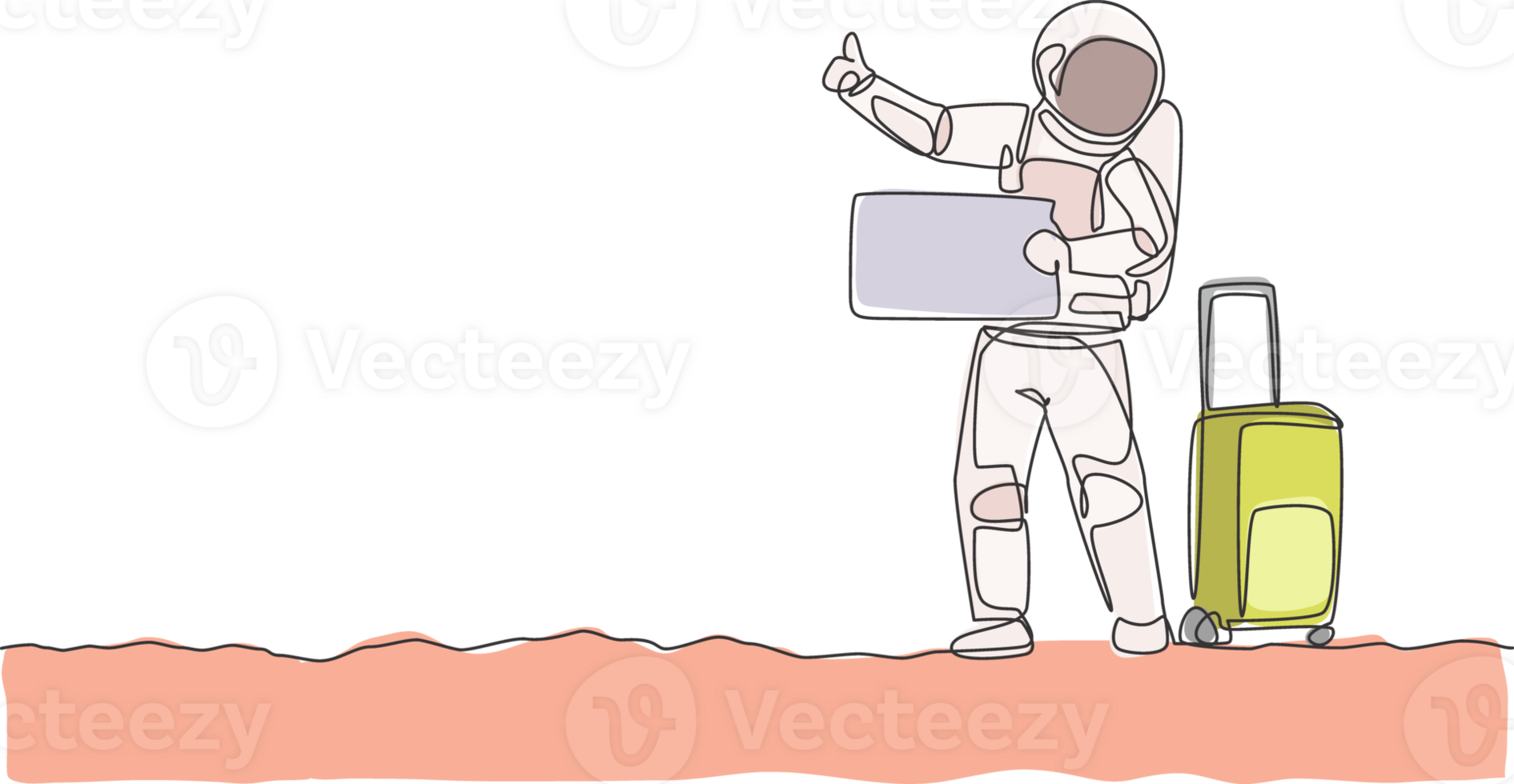 Single continuous line drawing of young astronaut hitchhiker waiting for transport beside the roadway in moon surface. Cosmonaut outer space concept. Trendy one line draw design illustration png