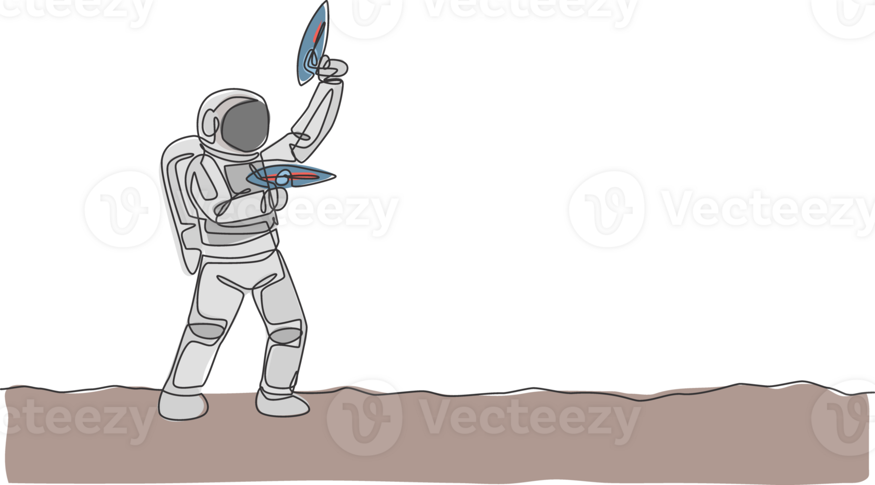 een doorlopend lijn tekening van jong astronaut schieten gebruik makend van ruimte laser geweer naar doden vijand in maan oppervlak. kosmisch heelal ruimte concept. dynamisch single lijn trek grafisch ontwerp illustratie png