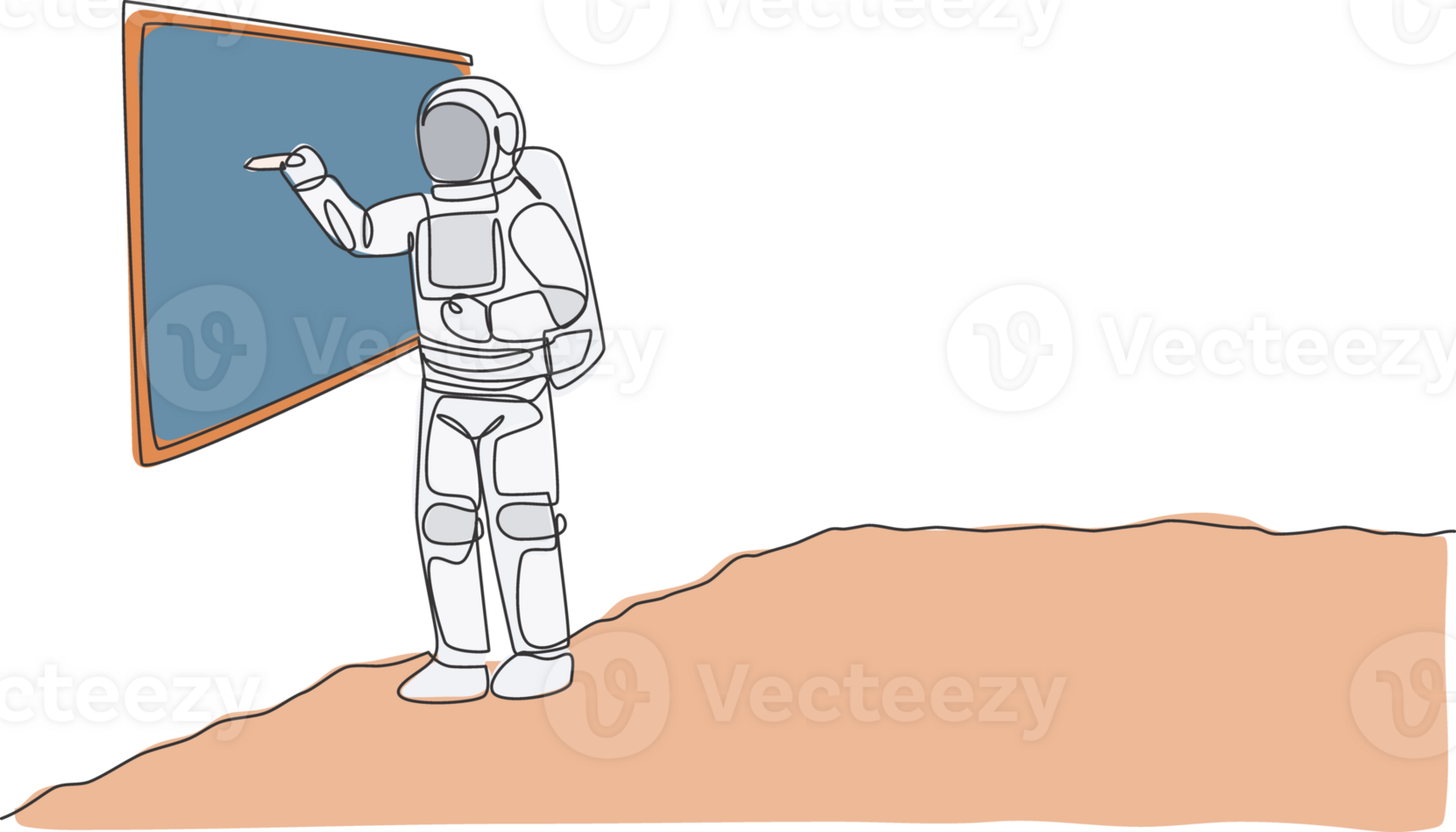 One continuous line drawing of young astronaut explaining formula and writing on whiteboard in moon surface. Cosmic galaxy space concept. Dynamic single line draw graphic design illustration png